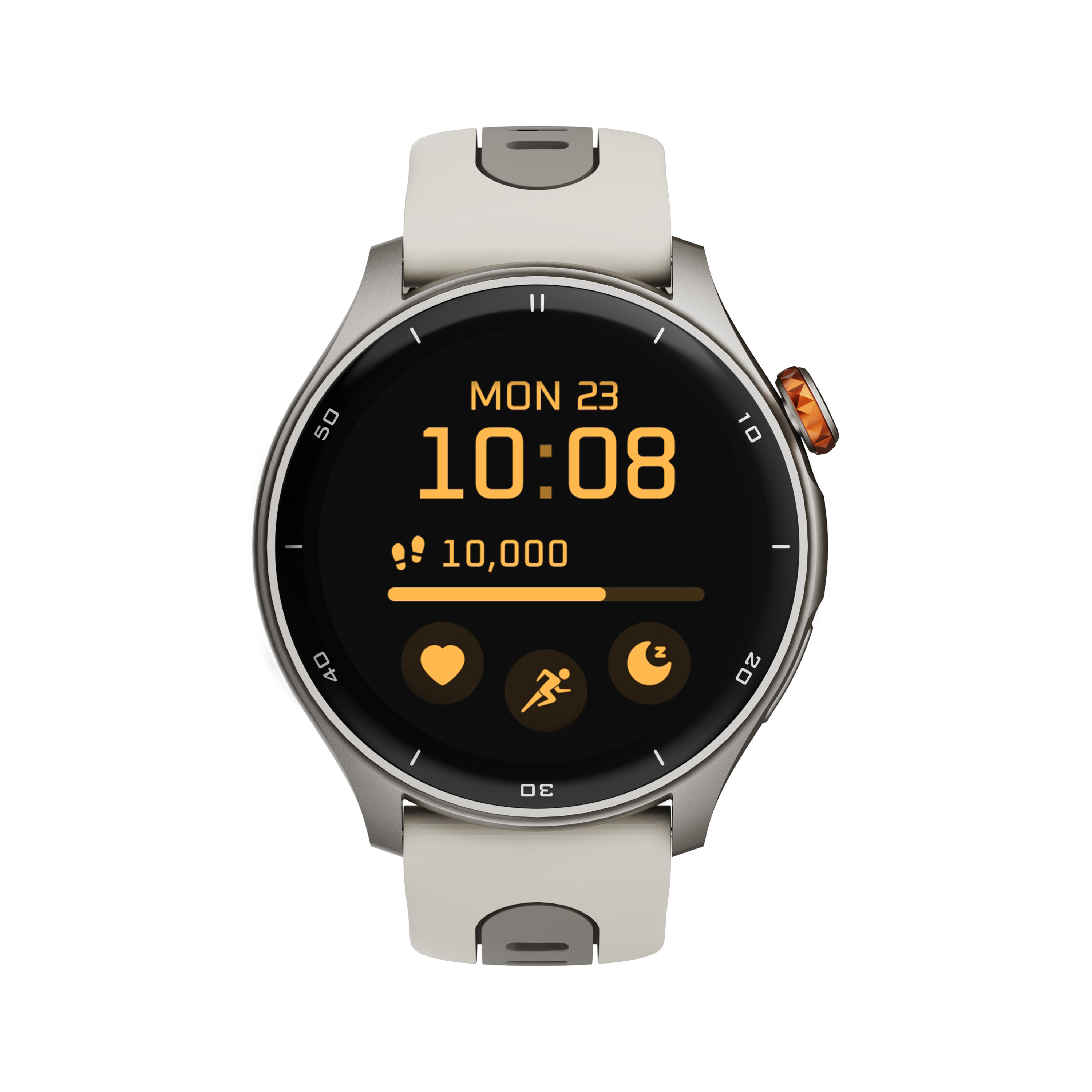 Smartwatch affichant l'heure, la date, les pas et la fréquence cardiaque. Bracelet blanc, cadran argenté.