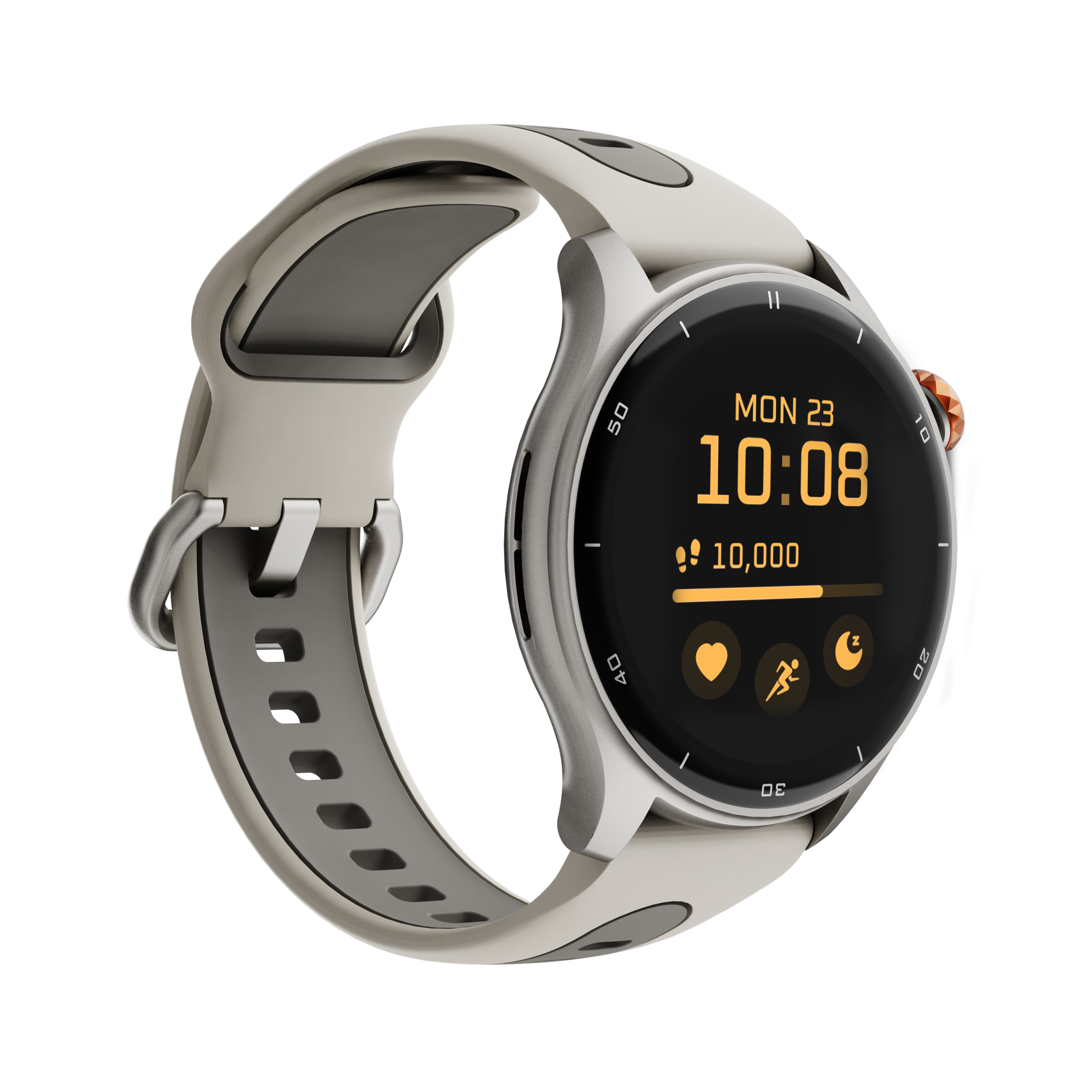 Montre connectée avec bracelet gris clair, affichant l'heure et les données. Fond blanc.