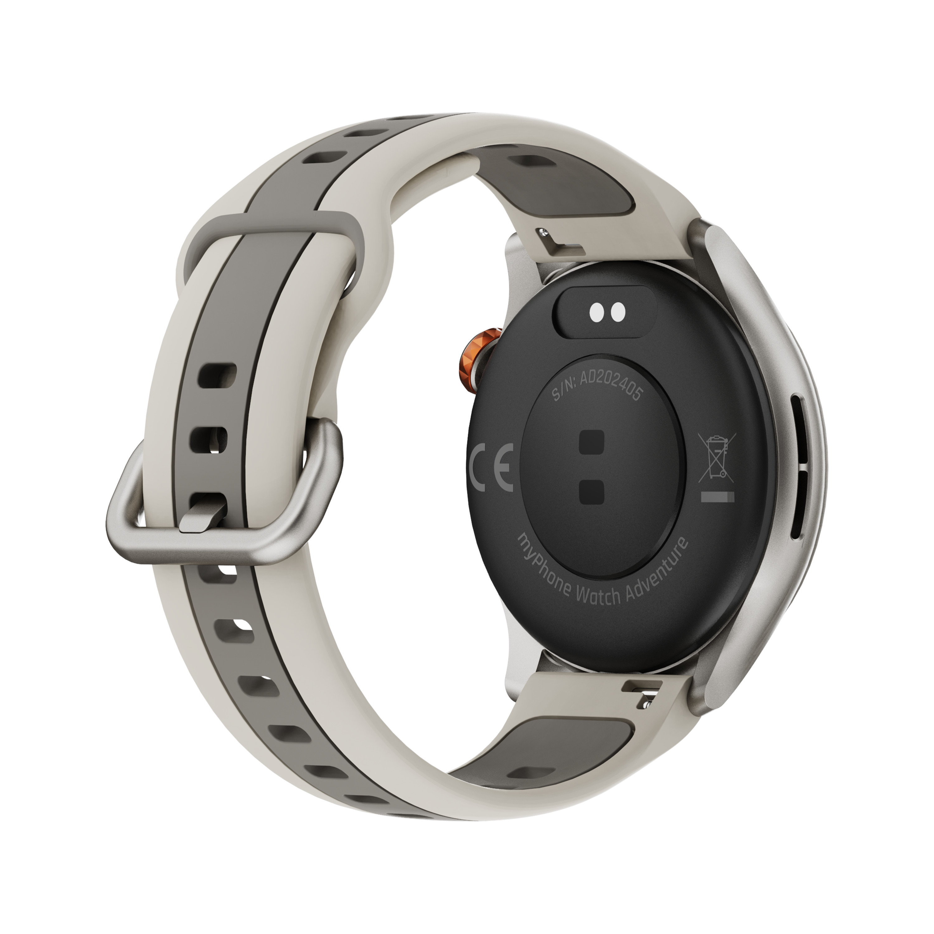 Montre connectée avec bracelet blanc et cadran rond noir. Le dos comporte du texte.