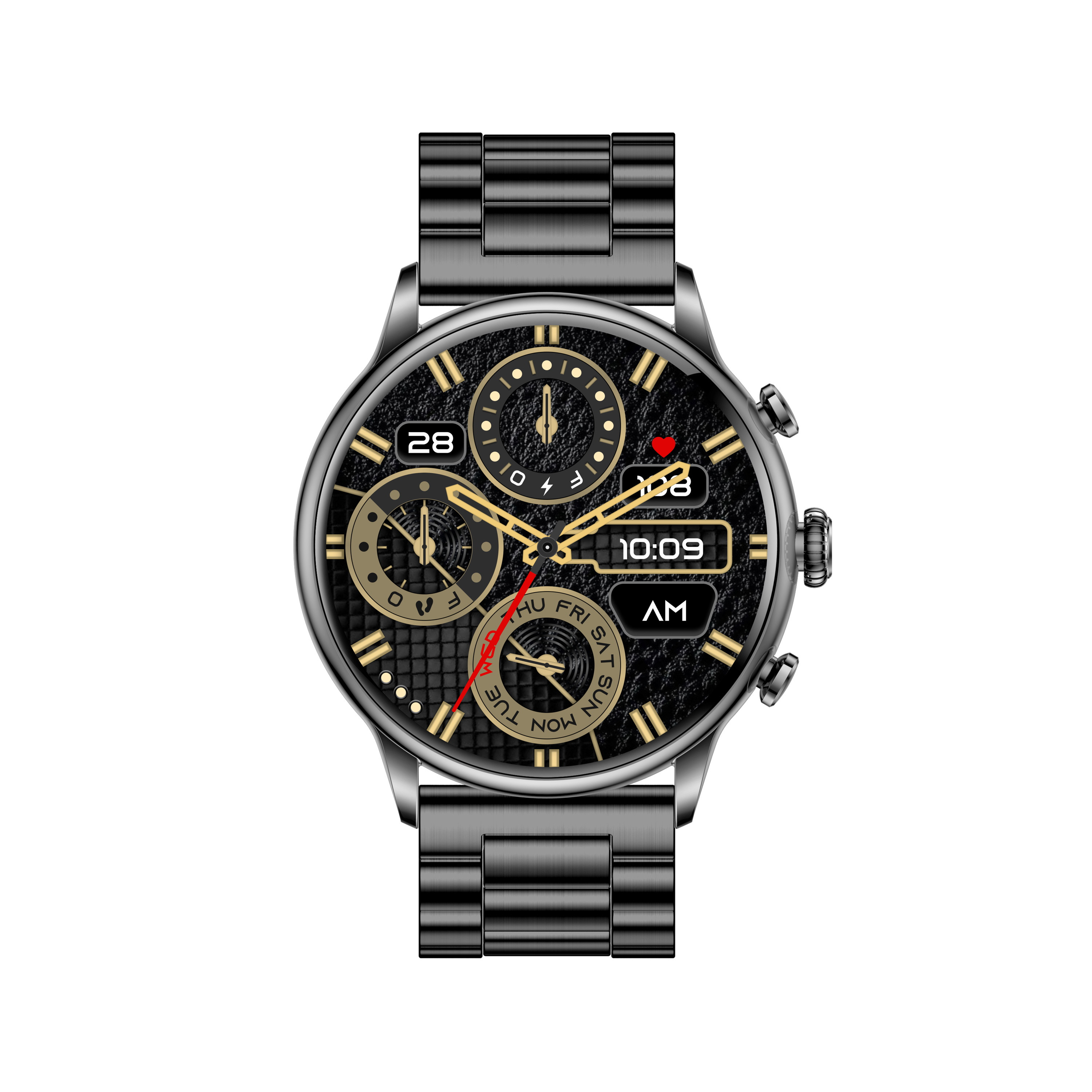 Czarny zegarek na rękę z czarnym paskiem. Złote i czerwone akcenty. Białe tło.