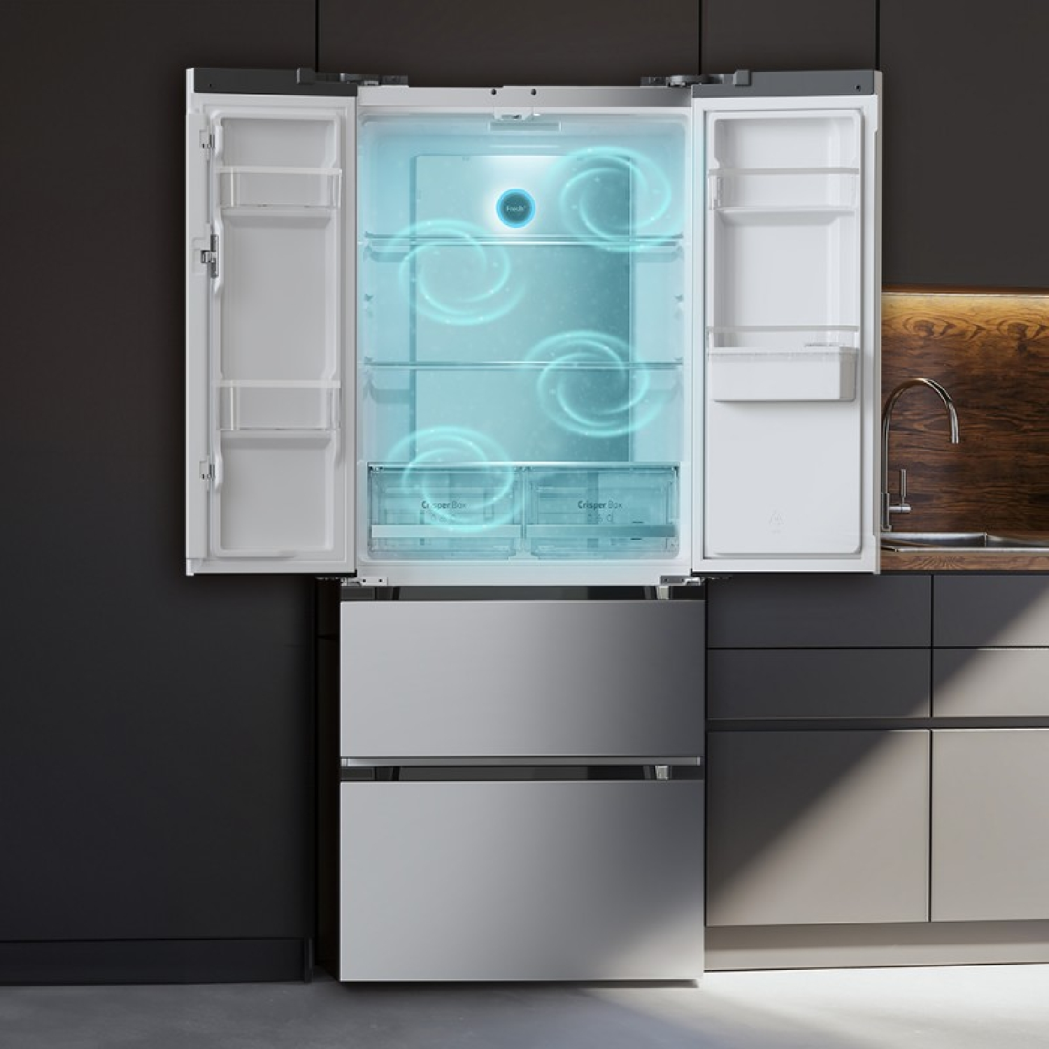 Un frigorifero con ante aperte, che mostra ripiani con flussi d'aria blu, e due cassetti inferiori.