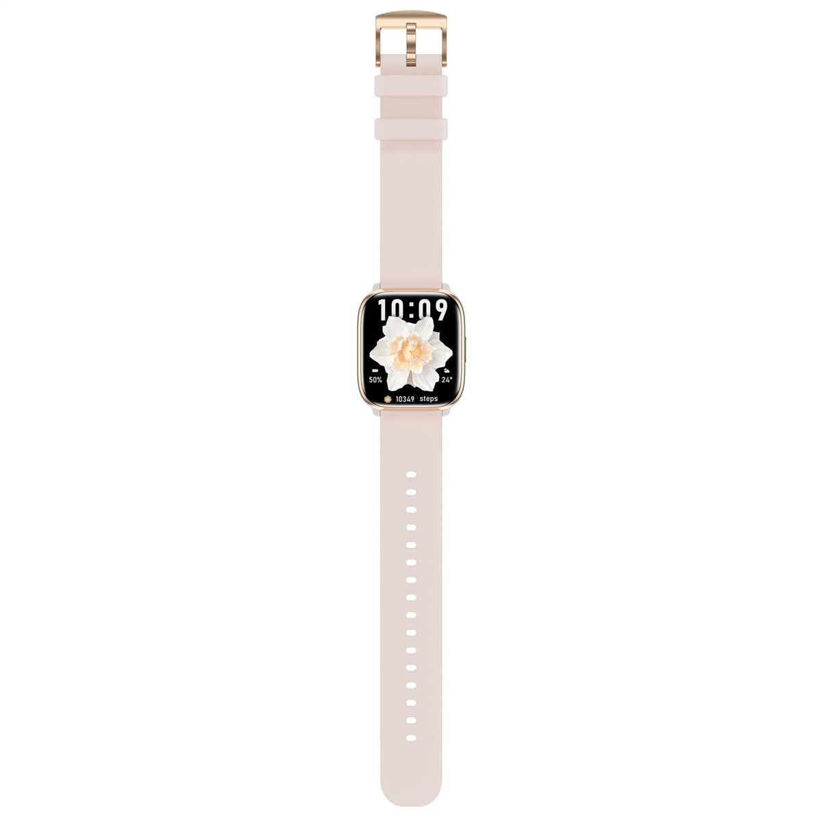 Smartwatch rosa con hebilla dorada, mostrando hora, pasos y una imagen de flor.