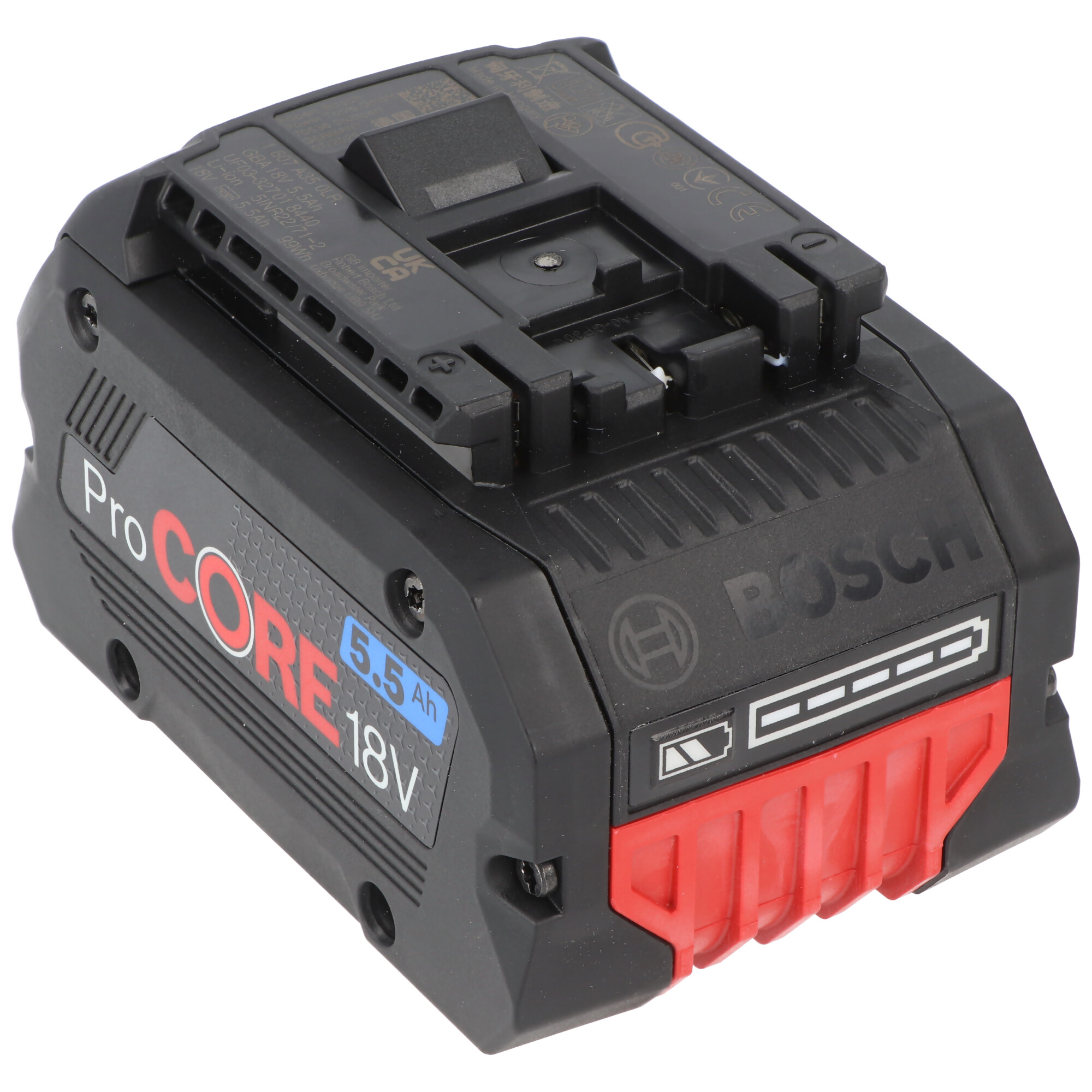 Siyah ve kırmızı bir Bosch ProCORE 18V pili. Bir etiketi ve bir şarj göstergesi var.