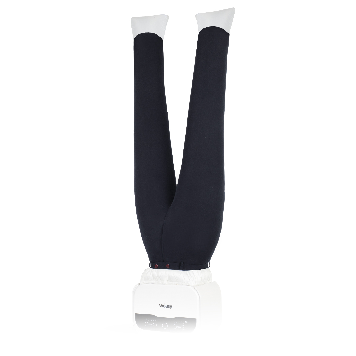 Wäschetrockner mit Hose darin. Weiße Basis, marineblaue Hose, weiße Beine.