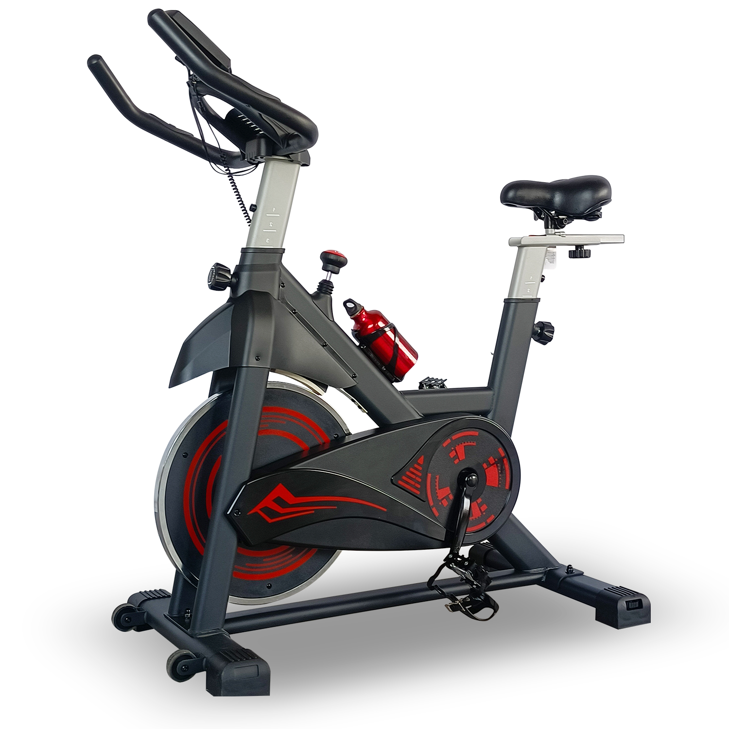 Schwarz-rotes stationäres Trainingsfahrrad, weißer Hintergrund.