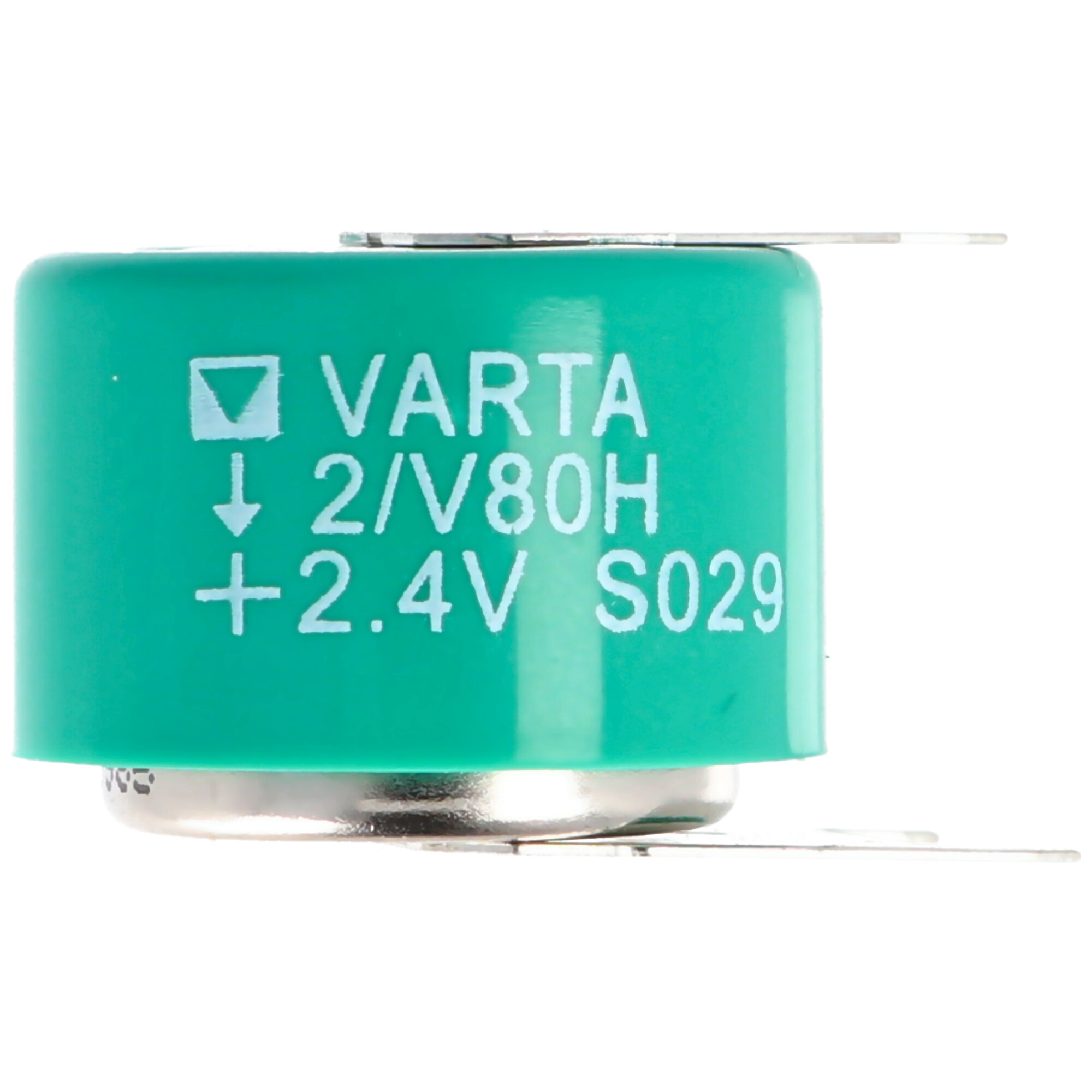 Yeşil Varta pil hücresi. Metin: Varta, 2/V80H, +2.4V, S029.