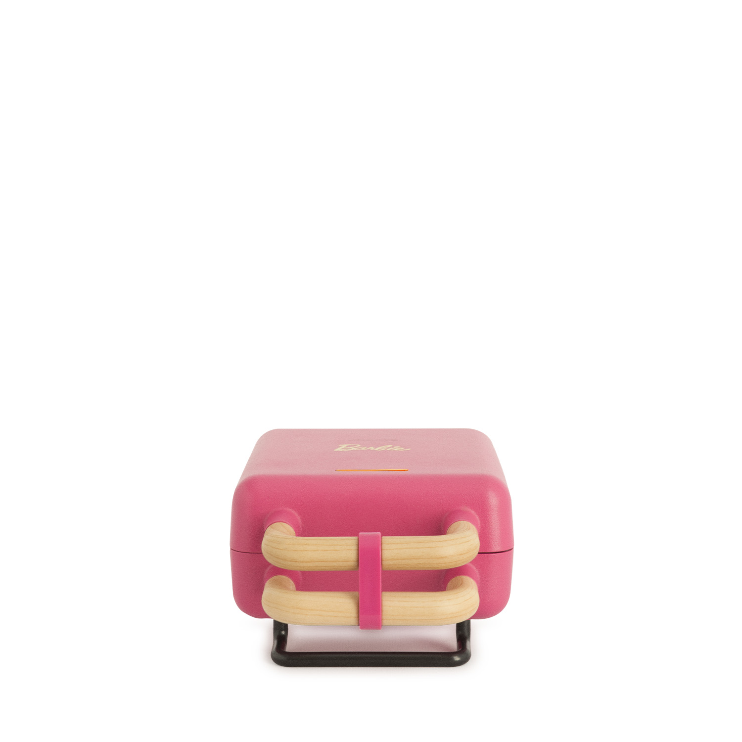 Máquina para hacer gofres Barbie rosa con mangos de madera sobre un soporte negro.