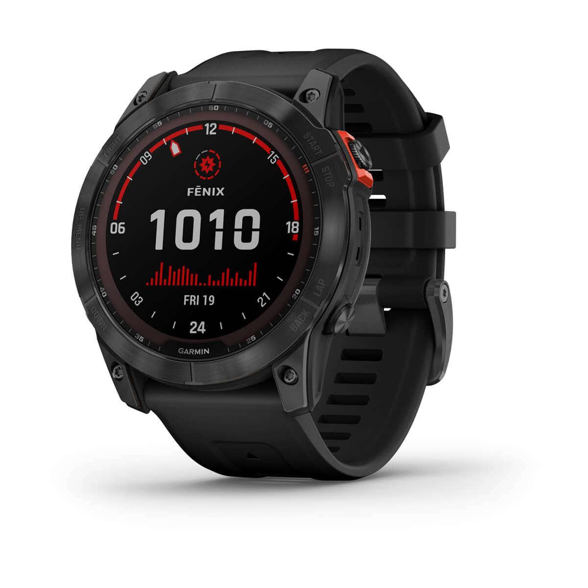 Schwarze Garmin Fenix Smartwatch mit roter Starttaste, zeigt Zeit, Datum und Herzsymbol.