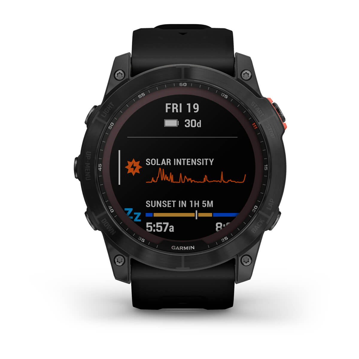 Schwarze Garmin Smartwatch mit Anzeige von Sonnenintensität, Sonnenuntergangsinformationen und Digitaluhr.
