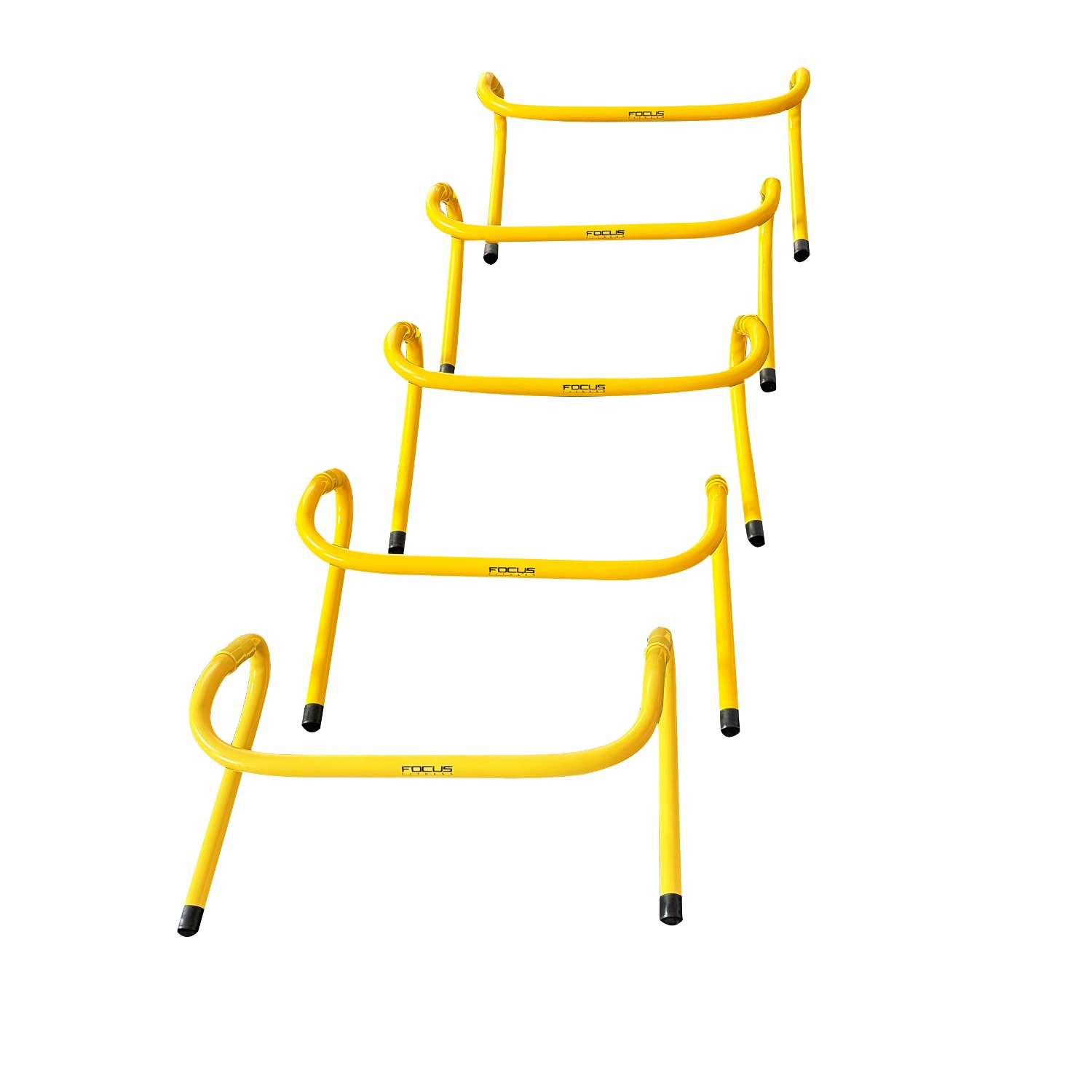 Four yellow hurdles on a white background, each with 'FOCUS' written on it.