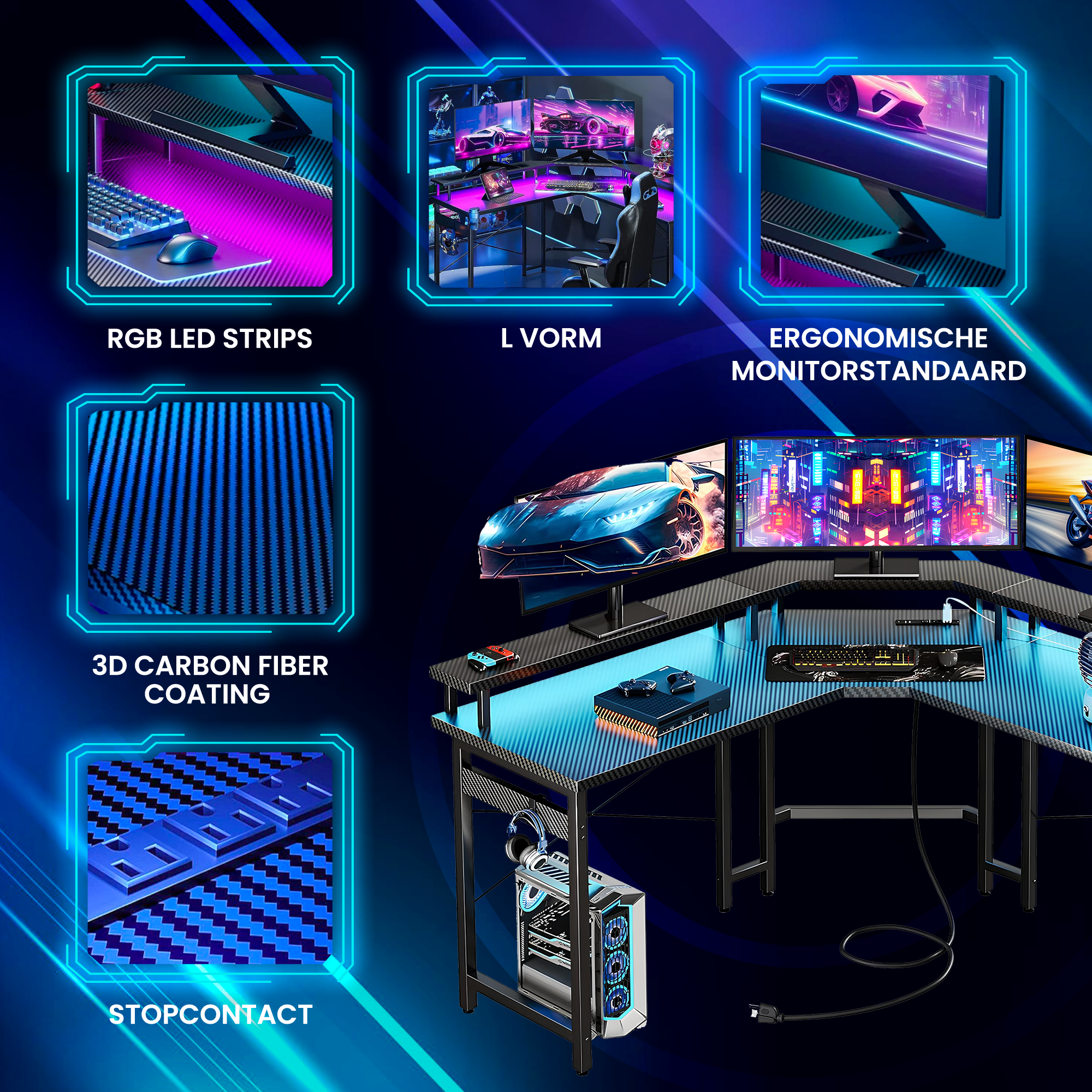 Gaming-Schreibtisch mit mehreren Bildschirmen. Blaue und lila Beleuchtung.