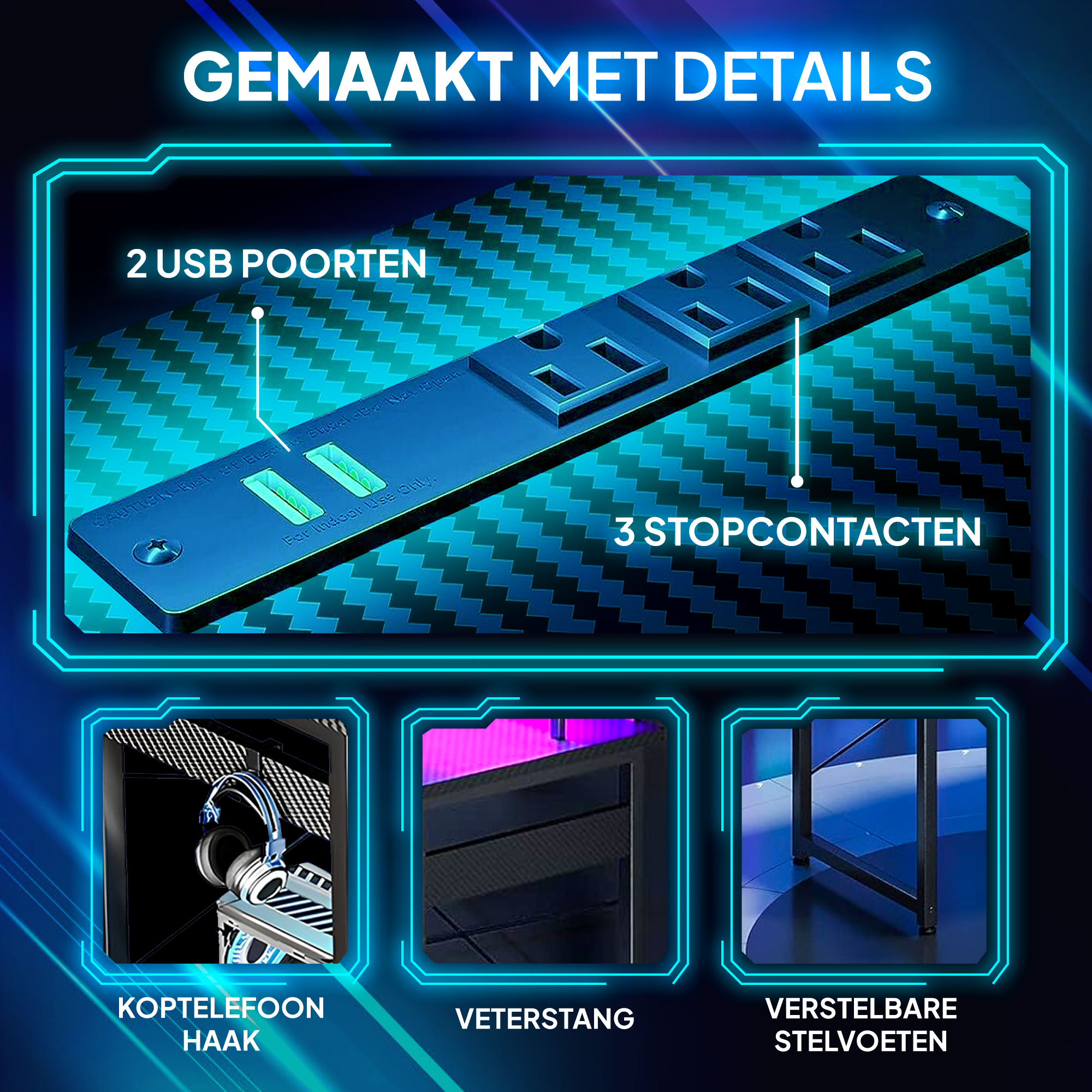 Schwarze Steckdosenleiste mit USB-Anschlüssen, Steckdosen und zusätzlichen Produktansichten.