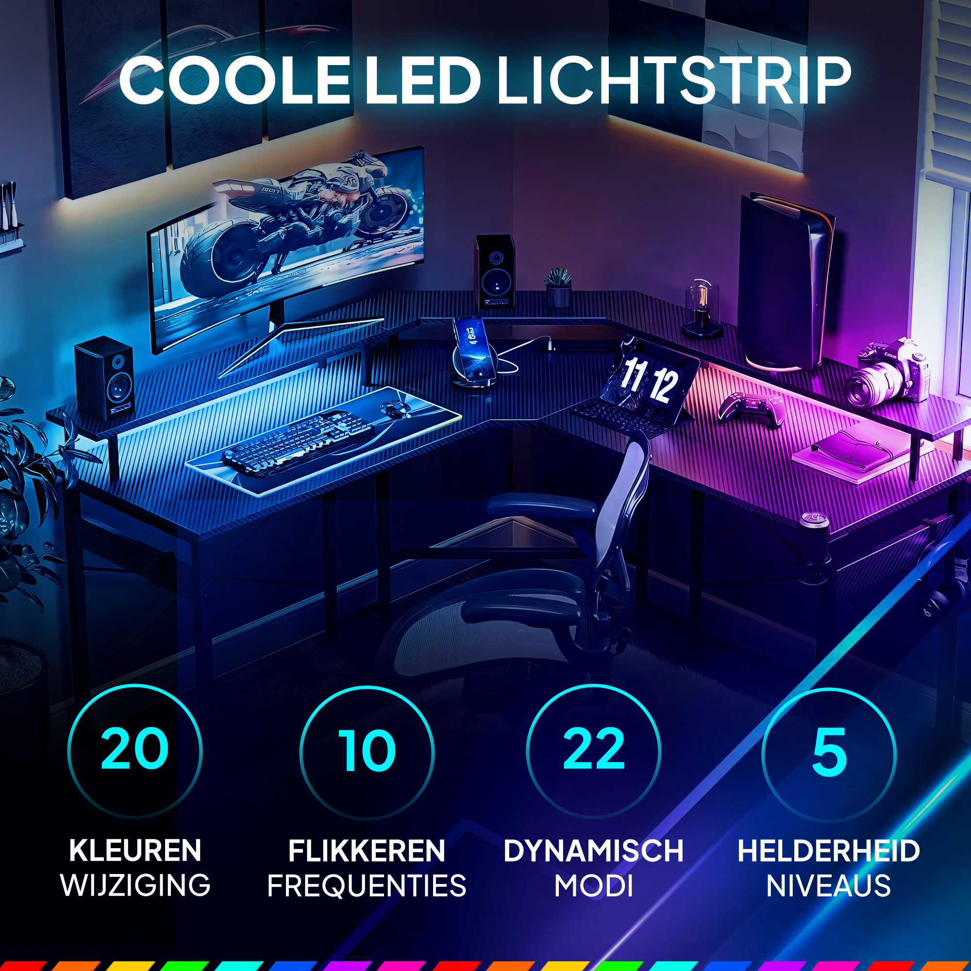 Ein Gaming-Setup mit LED-Lichtleisten, das einen Computer, Monitor, eine Tastatur und einen Schreibtisch zeigt.