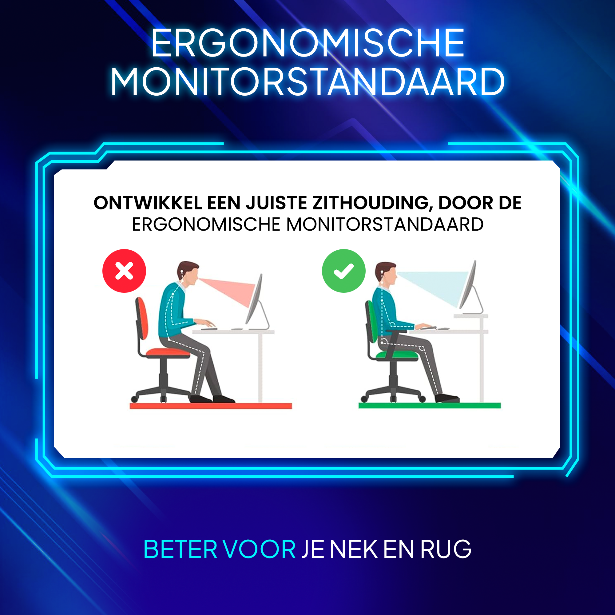 Diagramm zur ergonomischen Körperhaltung. Korrekte Haltung mit grünem Haken.