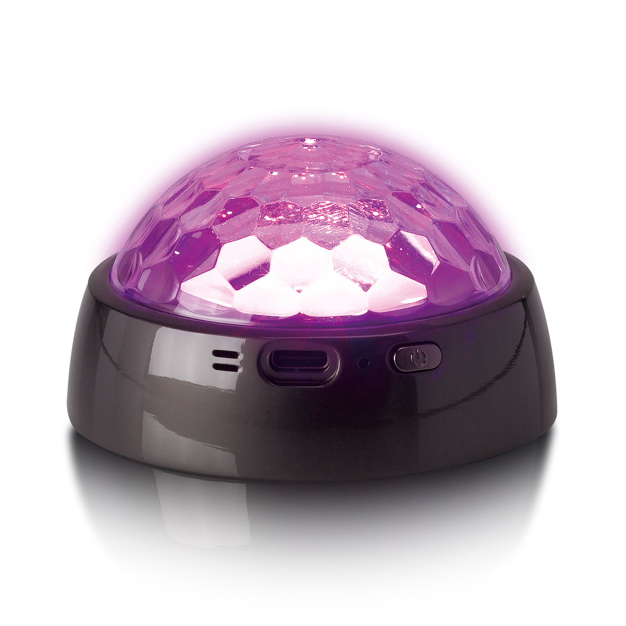 Een klein, zwart licht in de vorm van een discobal. Er komt een paars licht uit.