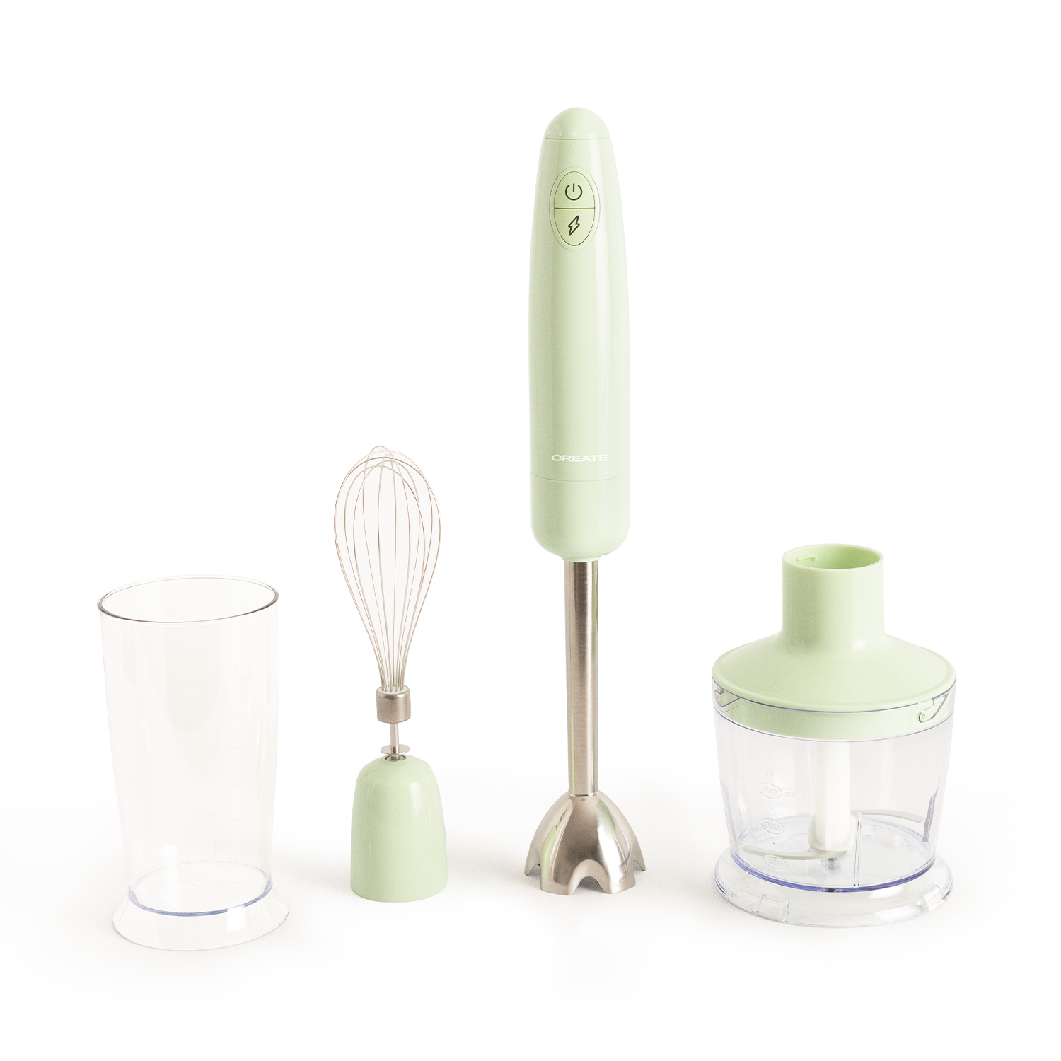 Una batidora de mano verde claro con accesorios. Incluye un batidor y un vaso.