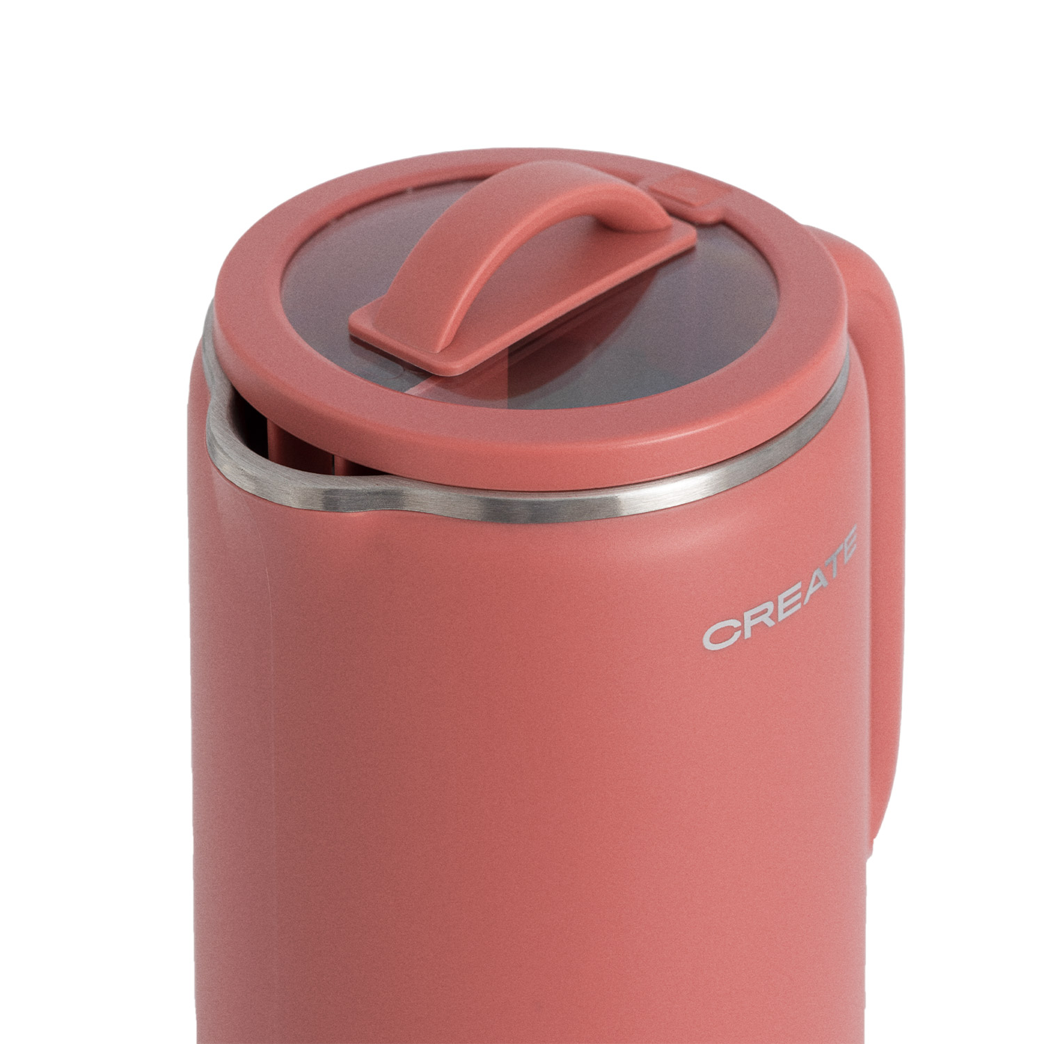 Un recipiente de agua CREATE rosa con tapa. La tapa tiene un asa.