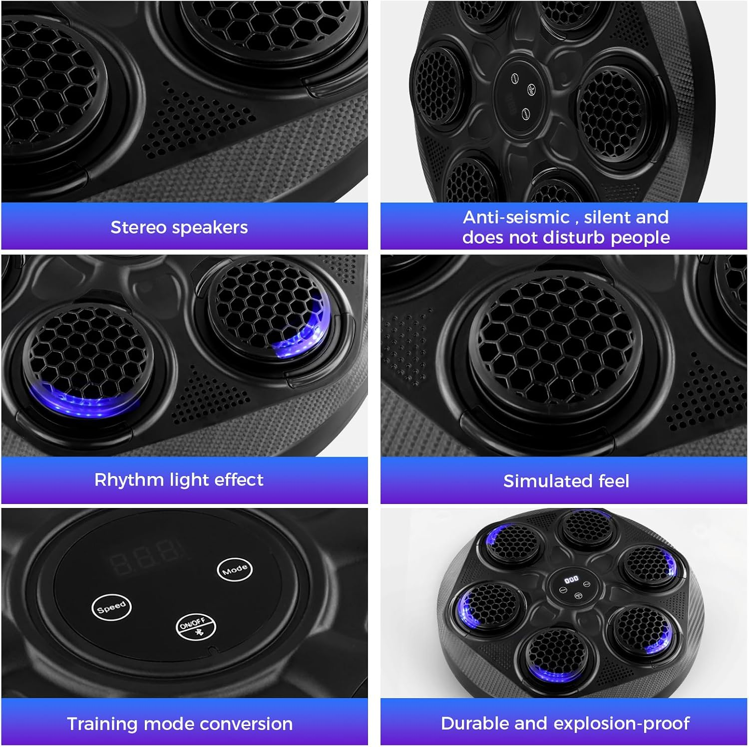 Primeros planos de un dispositivo que muestra altavoces estéreo, efectos de luz y un panel de control.