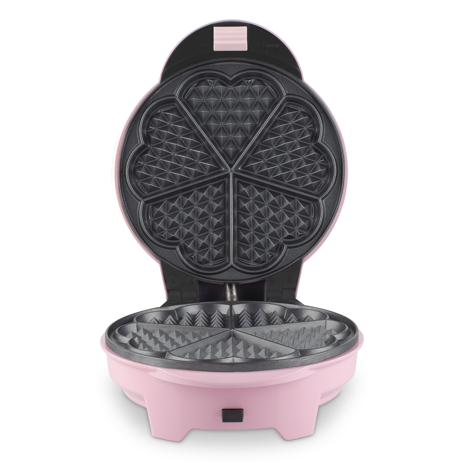Máquina para hacer gofres rosa, abierta, molde en forma de corazón. La parte superior e inferior son rosas, con superficies de cocción negras.