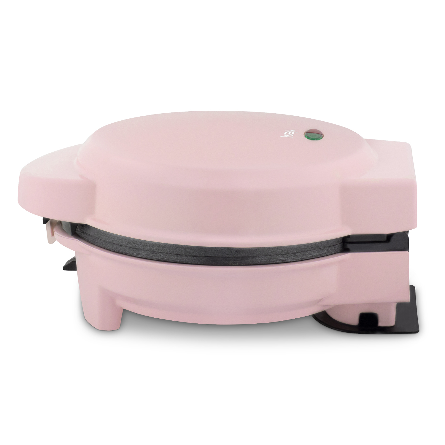 Máquina para hacer gofres rosa, cerrada, sobre fondo blanco, con indicador verde.