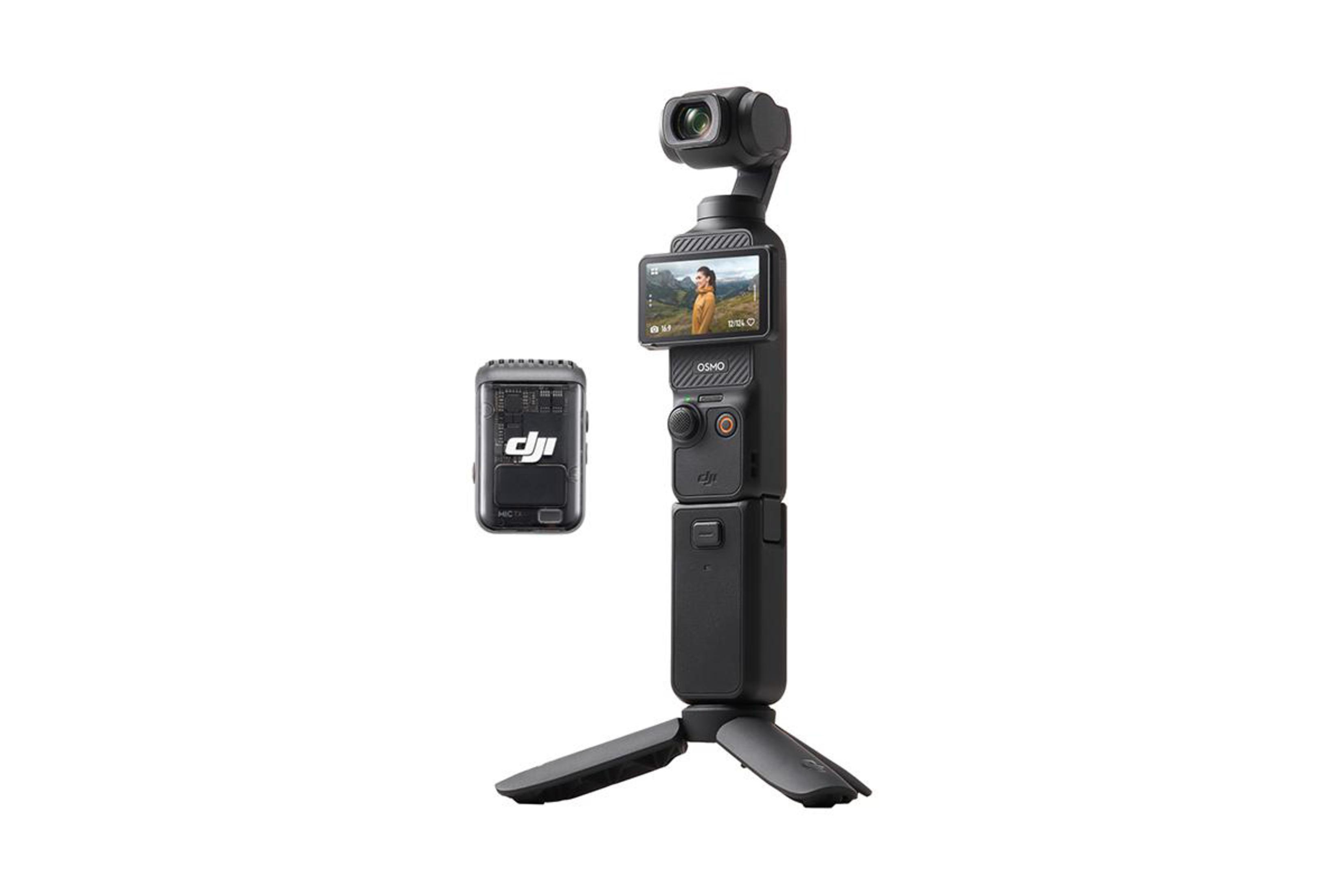 Schwarze DJI Pocket 2 Kamera und Zubehör. Weißer Hintergrund.