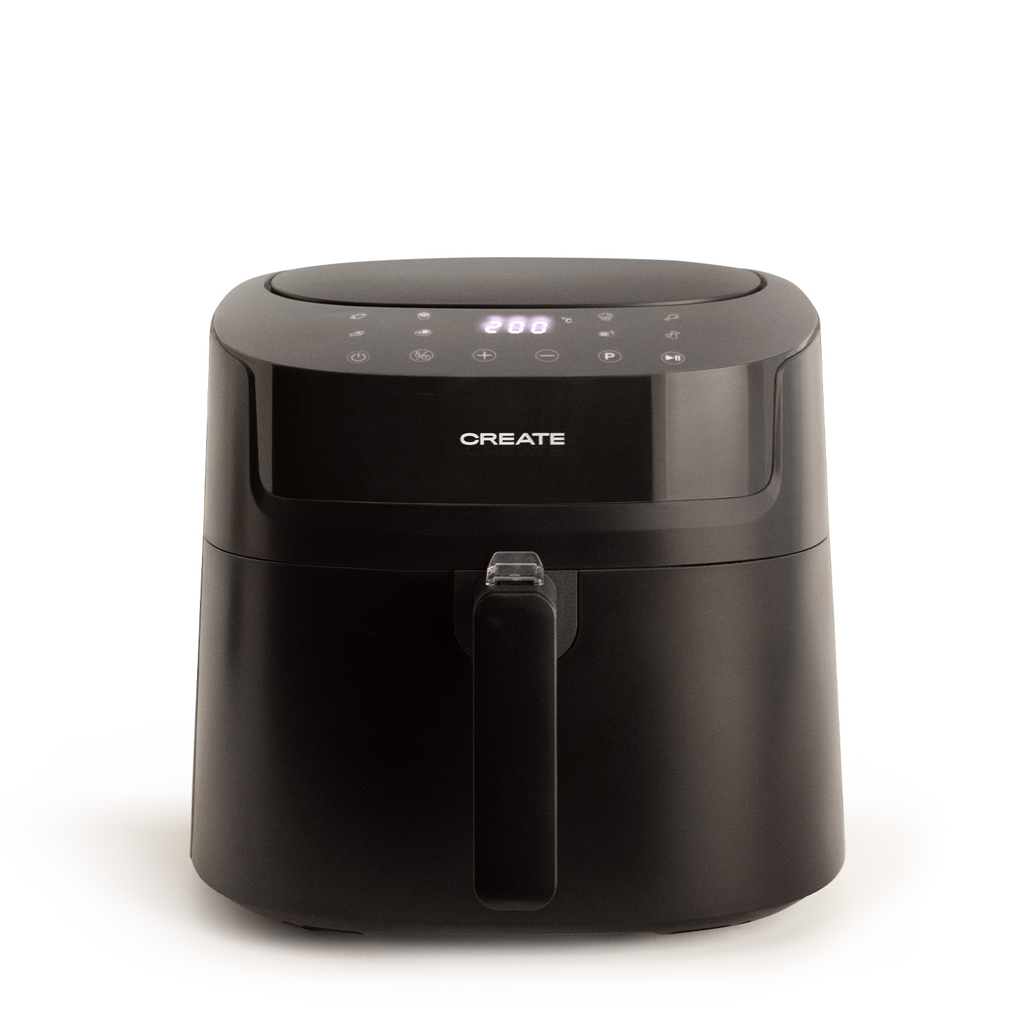 Eine schwarze Heißluftfritteuse mit Griff und digitaler Anzeige mit Temperatureinstellungen.