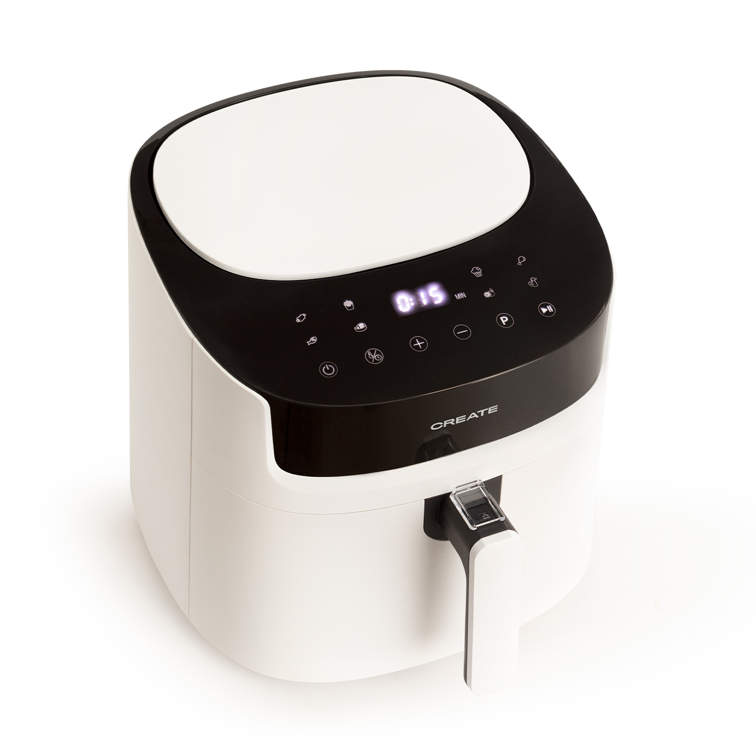 Biała frytkownica beztłuszczowa z czarnym blatem. Panel sterowania na górze, marka CREATE.