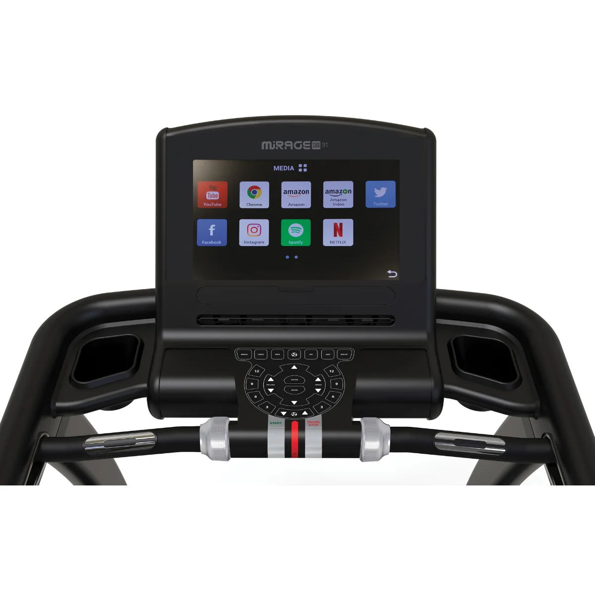 Een loopbandinterface met een scherm dat apps weergeeft. Zwart frame en rode streep. Witte achtergrond.