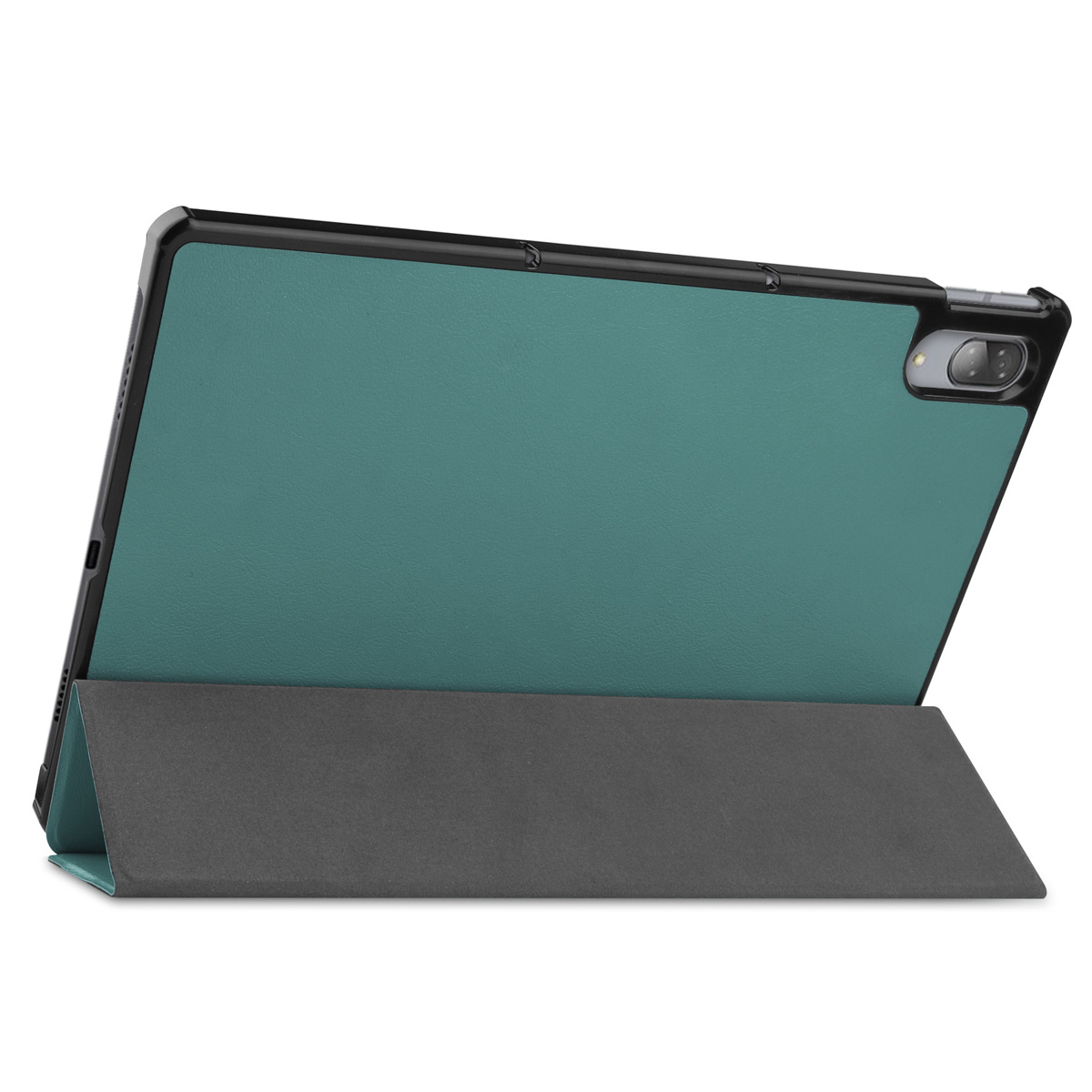 Teal tablet hoesje met een standaard. Het staat op een witte achtergrond en heeft een camera.