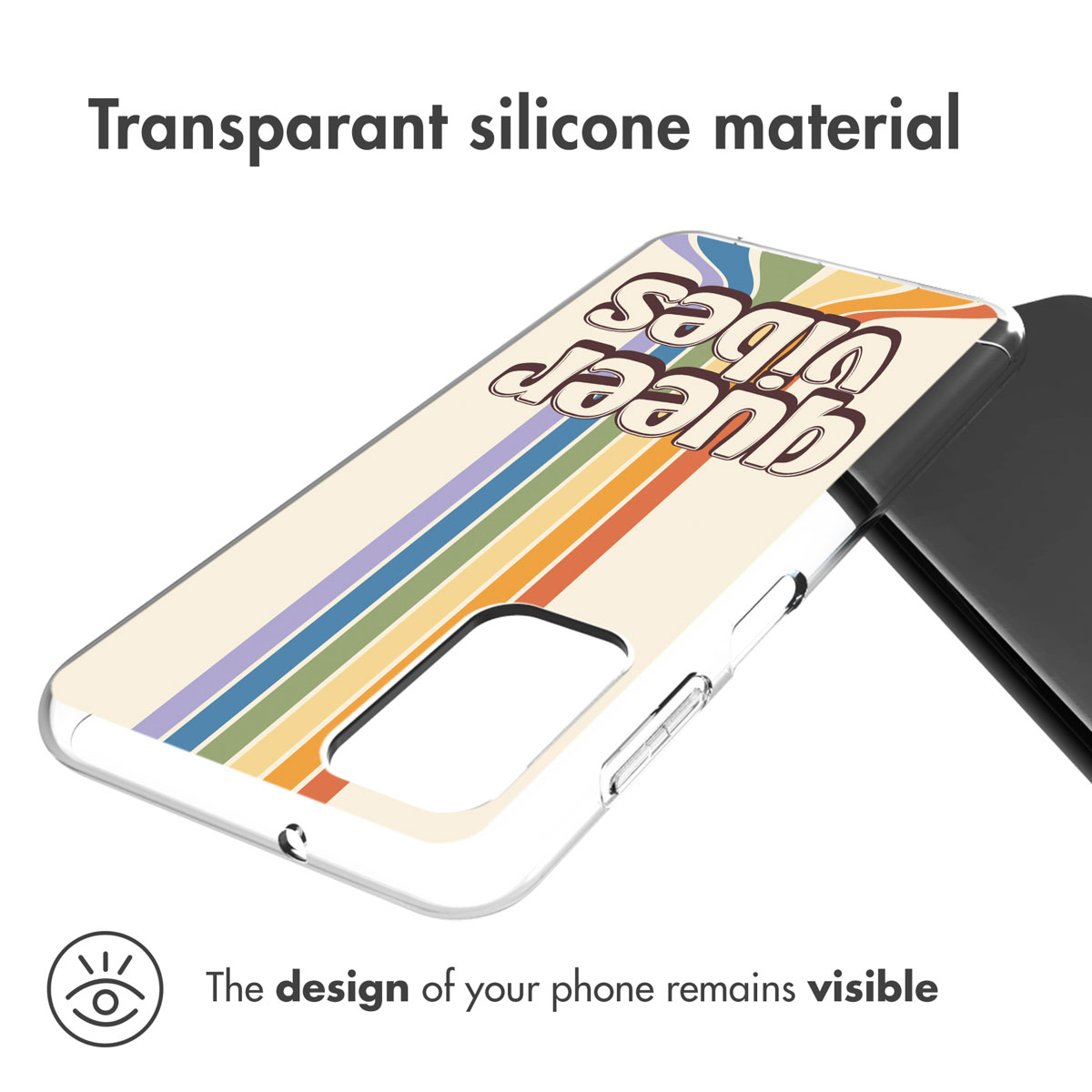 Telefoonhoesje met een regenboogkleurig ontwerp en de tekst 'Queer Vibes'. Het ontwerp blijft zichtbaar.