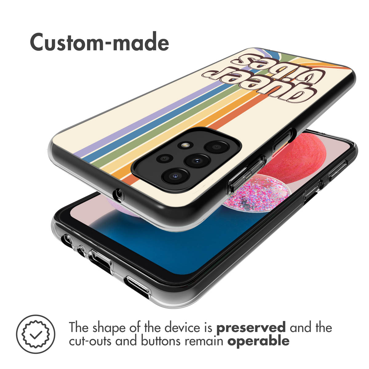 Twee telefoonhoesjes. Eén met een regenboog en een telefoon erin. Tekst: Op maat gemaakt. De andere heeft een telefoon.