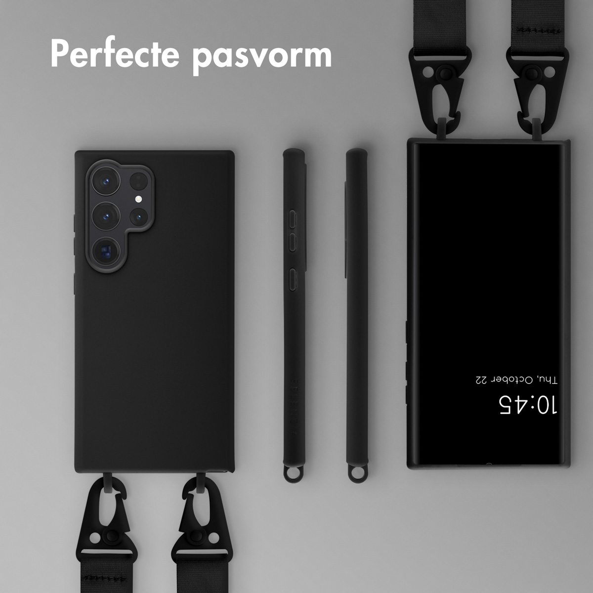 Coque de téléphone noire avec une sangle noire et deux coques, une avec caméras, affichant l'heure : 10:45.