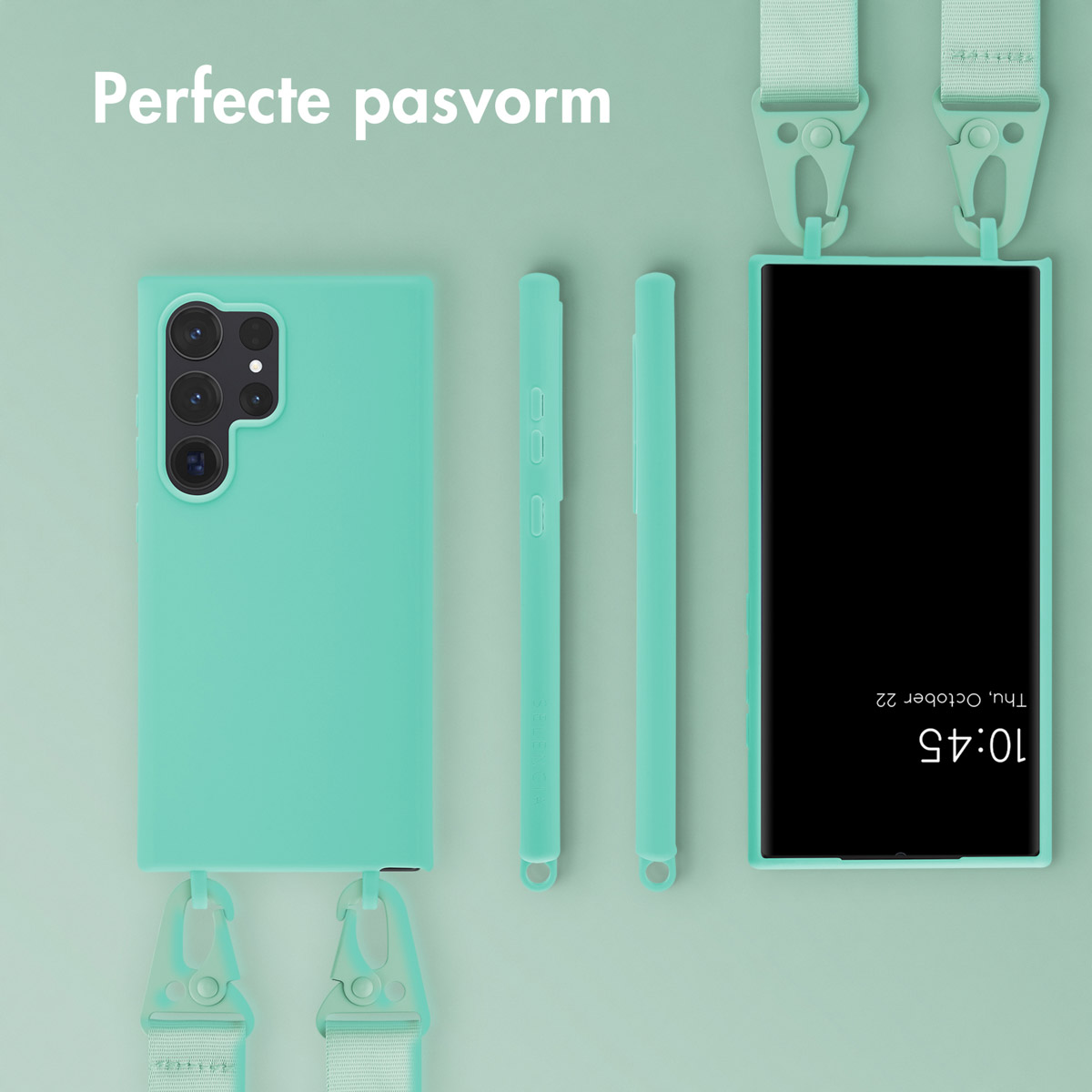 Une coque de téléphone bleu-vert avec un cordon, un téléphone et des accessoires. Il est sur un fond bleu-vert.