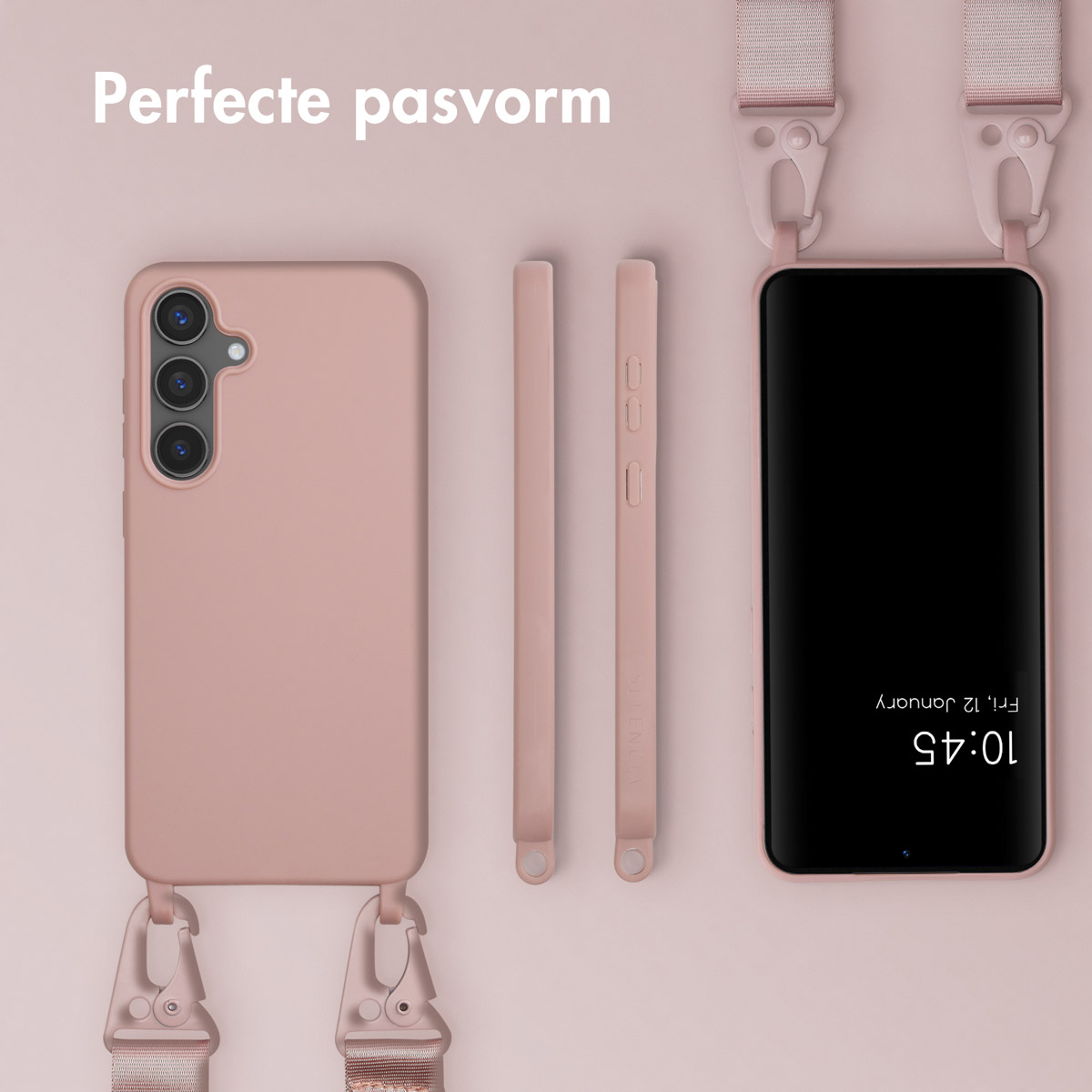Roze telefoonhoesje met een bandje en telefoon ernaast. Twee delen van de band zijn ook zichtbaar.