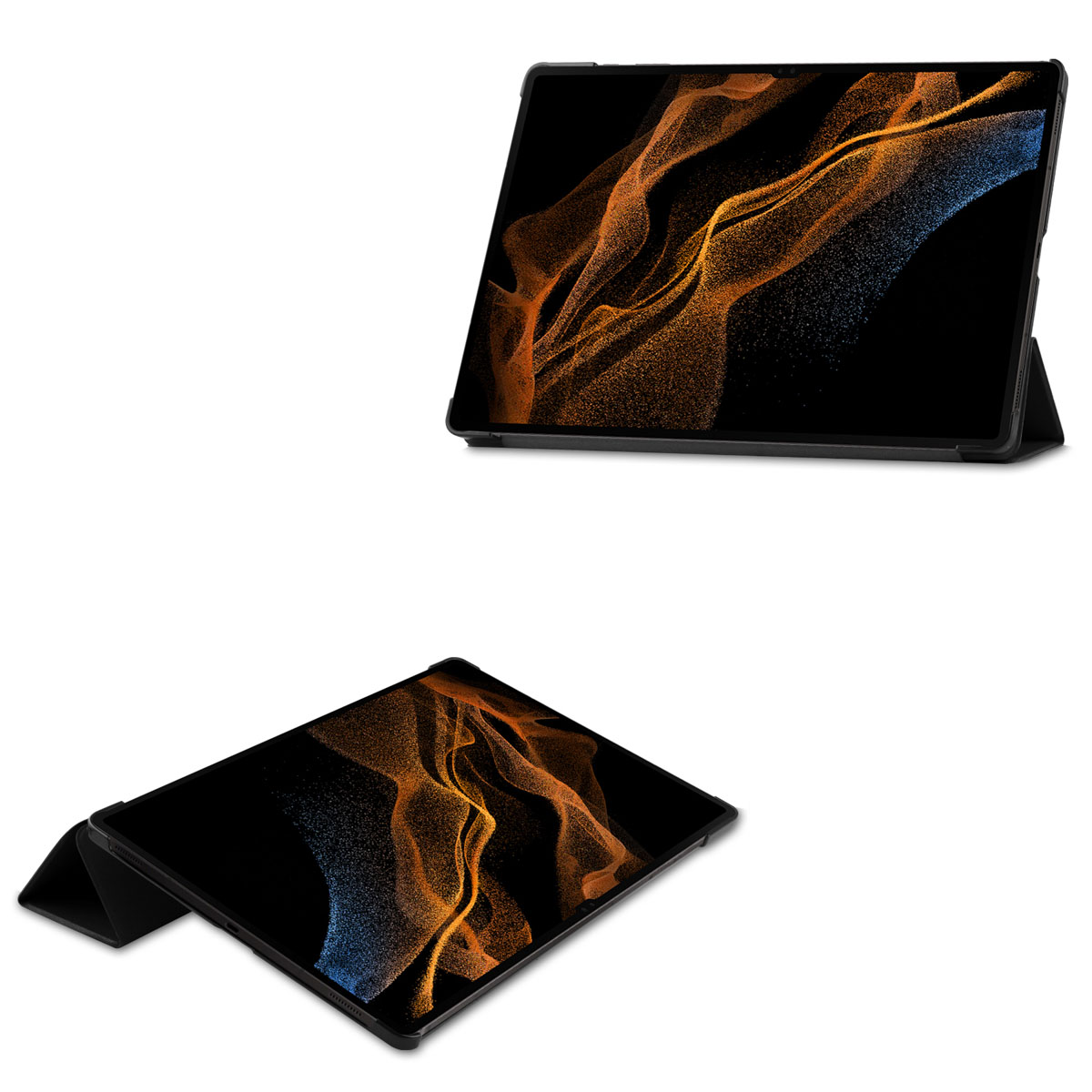 Deux images d'une tablette noire avec un écran affichant de l'art abstrait orange et bleu.