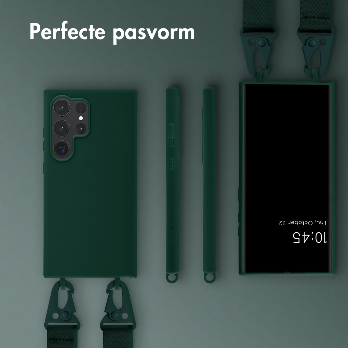 Un téléphone dans un étui vert avec une sangle, montrant le design de l'étui et le téléphone.