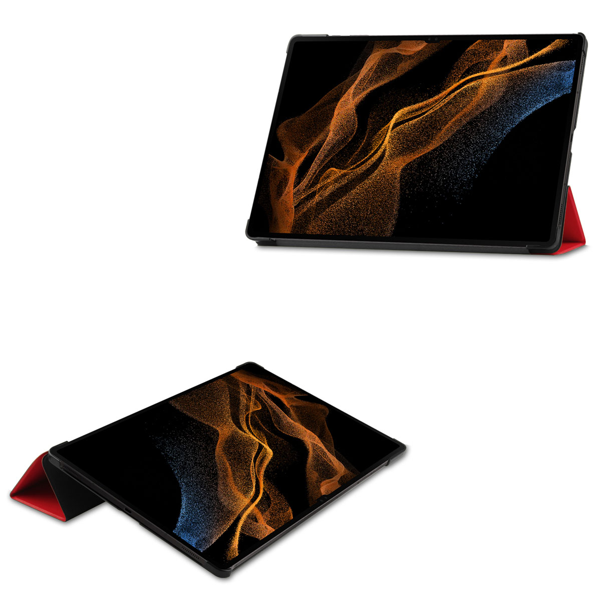 Two images of a tablet with a case. The case has a black frame and a design of orange and blue.