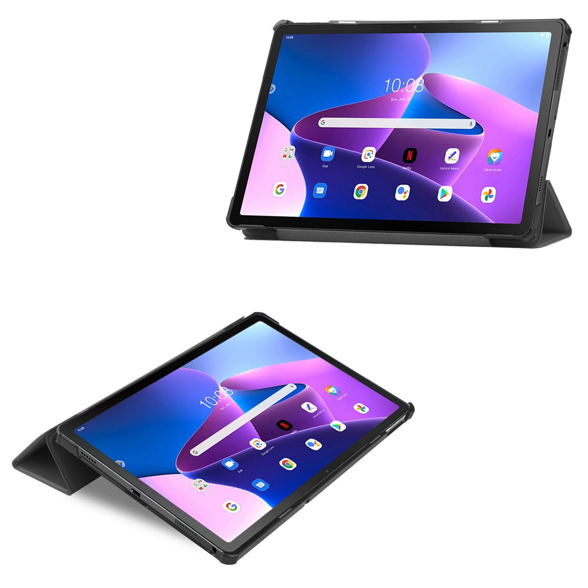 Two images show a tablet in a black case. The screen displays a purple and blue background with icons.