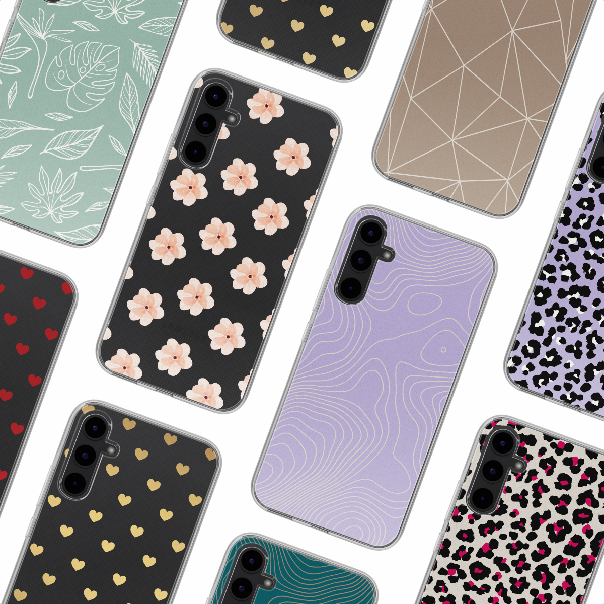 Meerdere telefoonhoesjes met patronen: bloemen, hartjes, geometrisch en dierenprint. Allemaal op witte achtergrond.