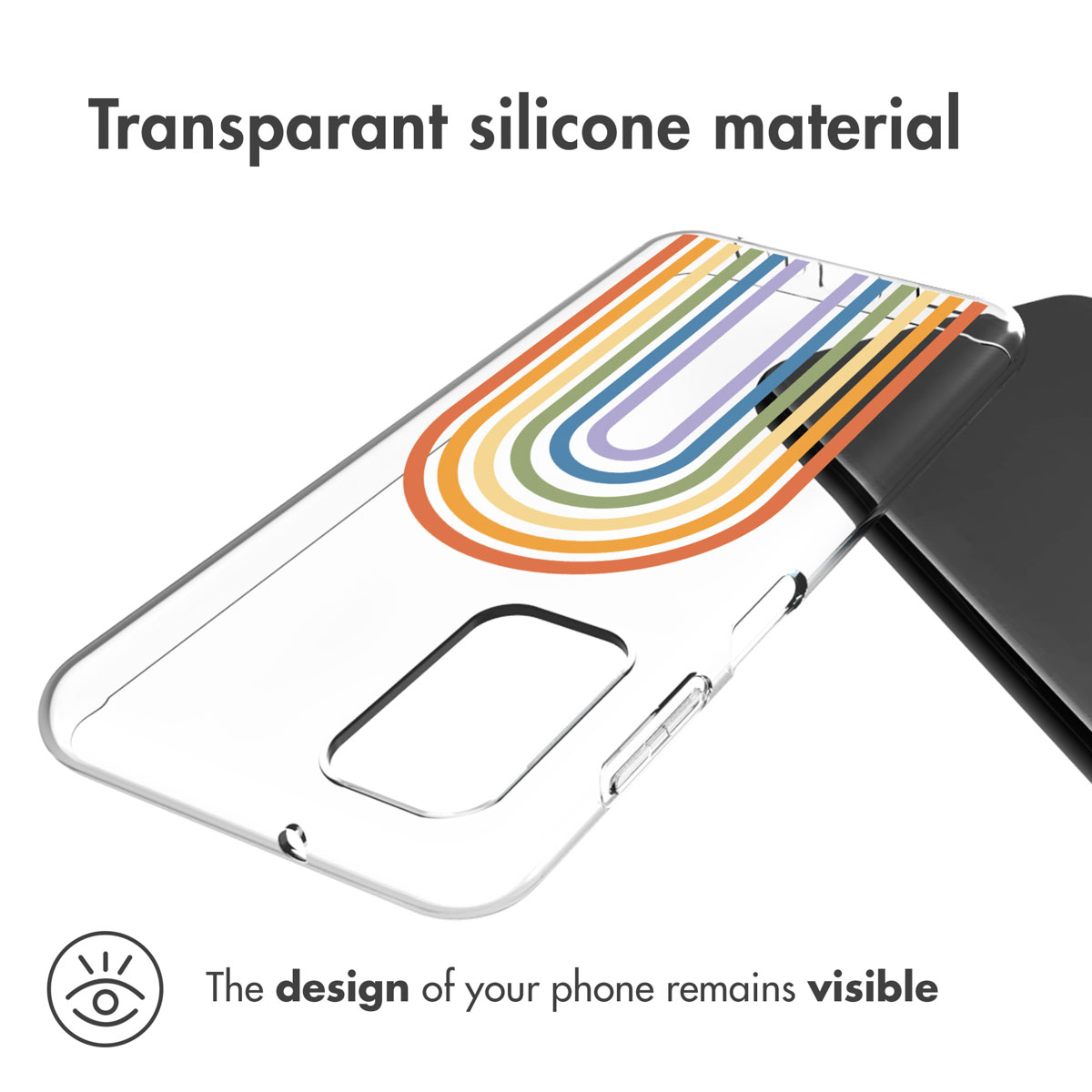 A clear phone case with a rainbow design on it, placed over a phone. Text says: Transparent silicone material.