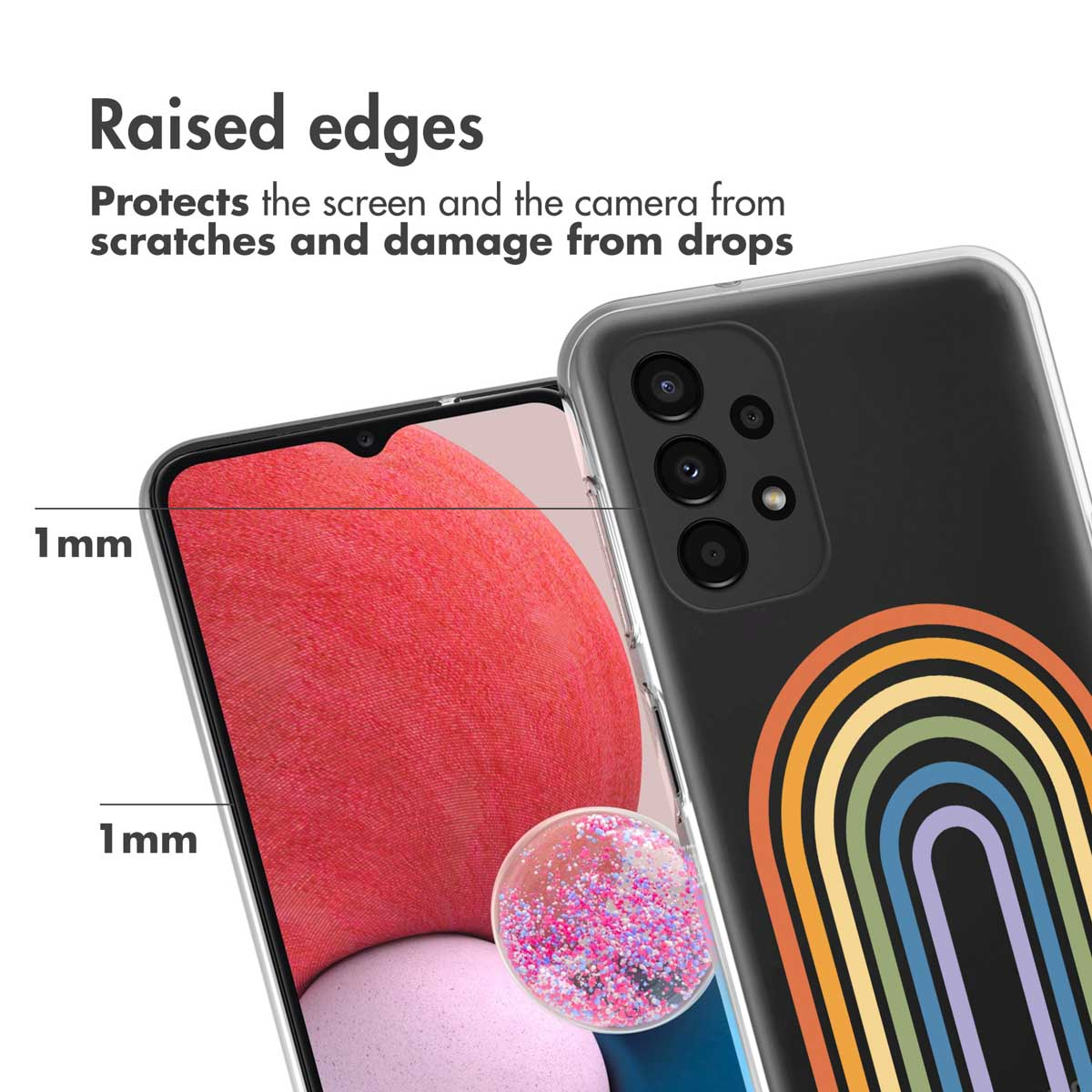 Clear phone case with a rainbow arch design on the back, protecting a phone with a red screen.