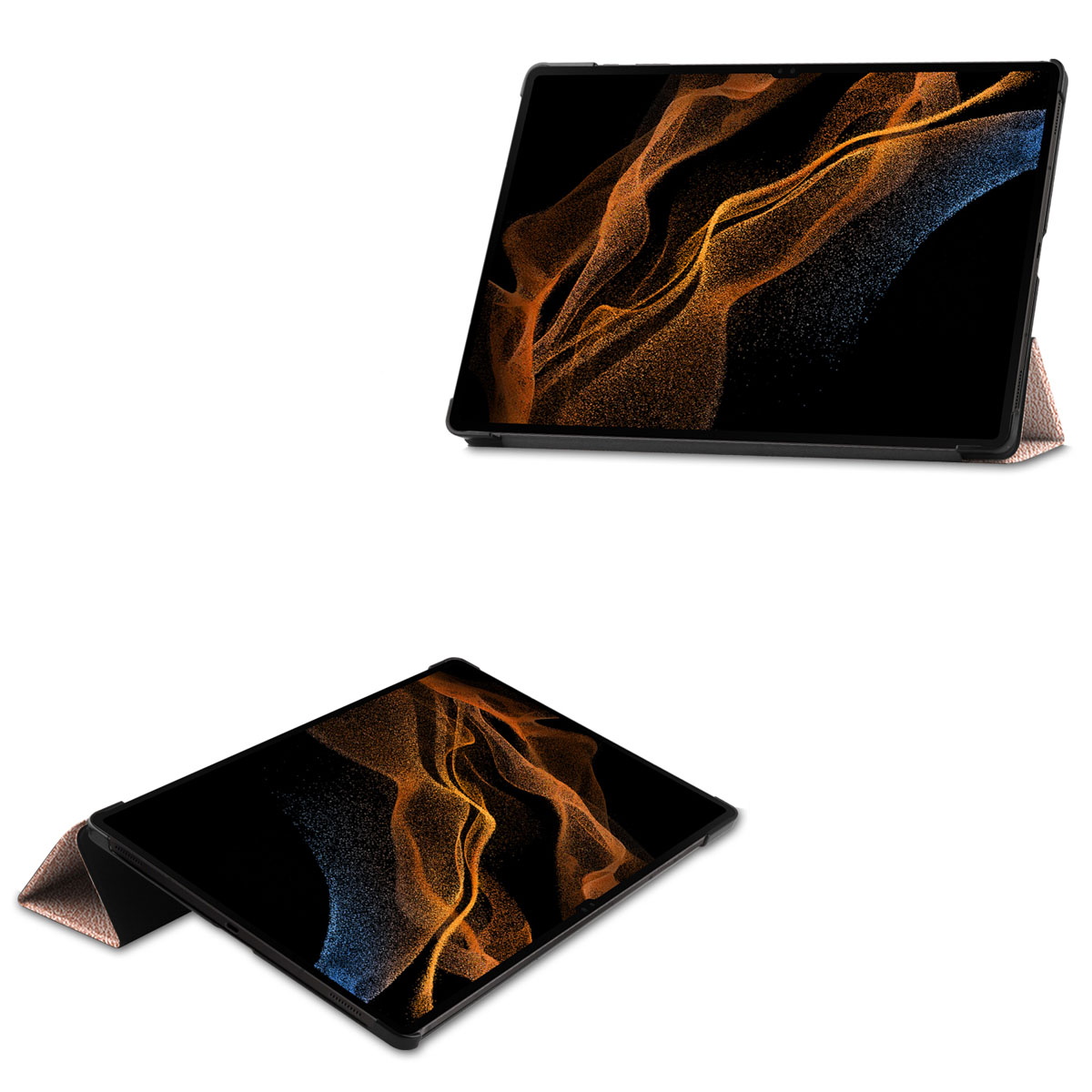 Deux vues inclinées d'une tablette dans un étui, avec un écran affichant des particules oranges et bleues.