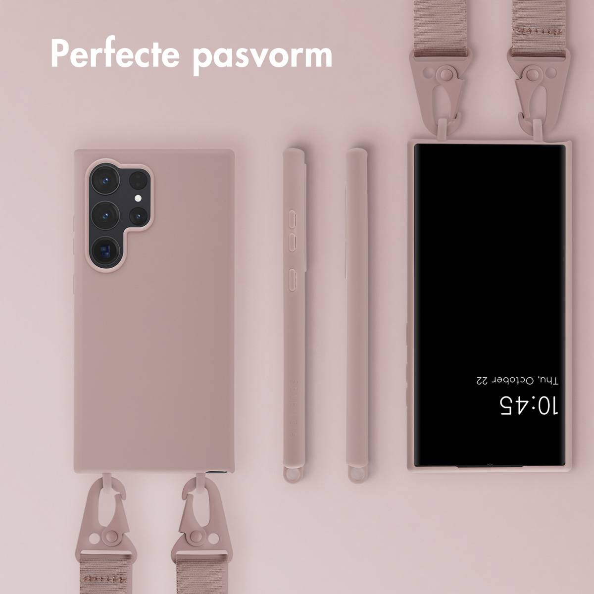 Un téléphone avec étui et sangle. Le téléphone affiche l'heure 10h45, jeudi 22 octobre.