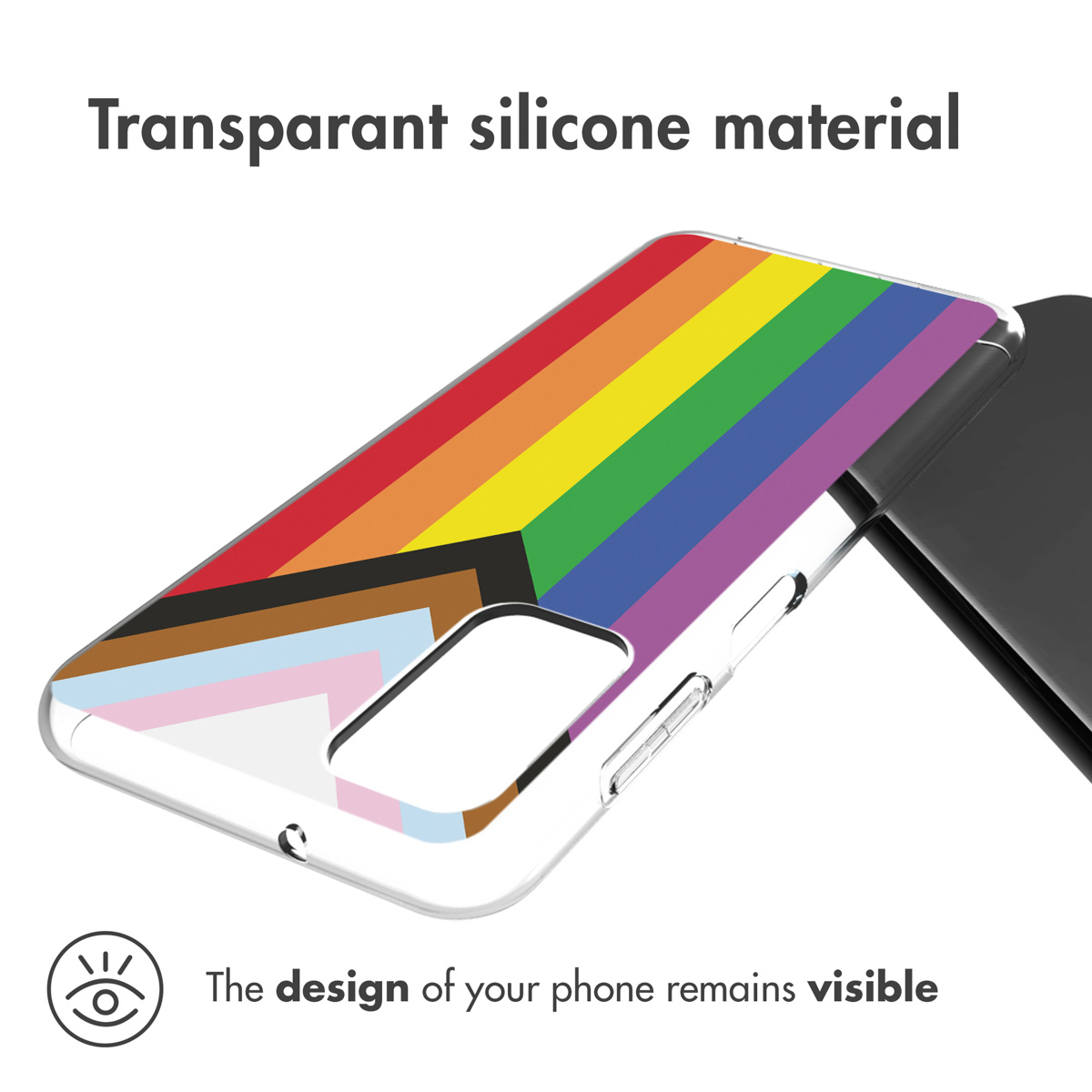 A phone case with a rainbow pride flag design. The case is on top of a phone. The text 'Transparent silicone material'.