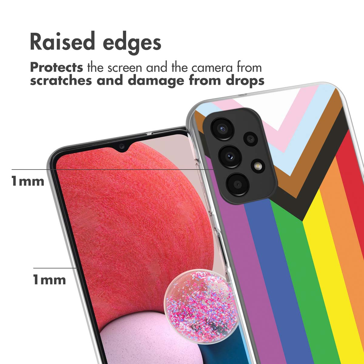 Phone case with a Pride flag design. Raised edges for protection. Pink glitter.