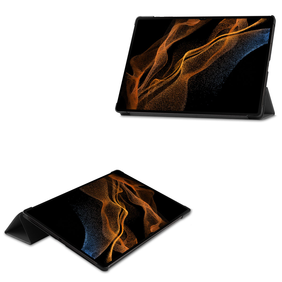 Deux vues d'un étui de tablette avec une couverture noire et un écran affichant un design.