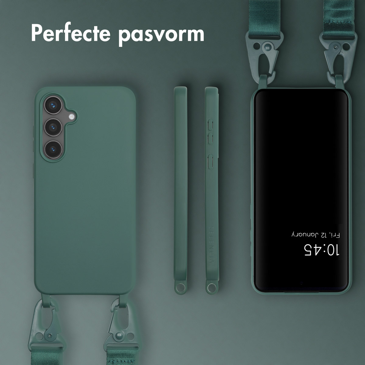 Groene telefoonhoes met bandje. Toont telefoon en zijkanten van de hoes.