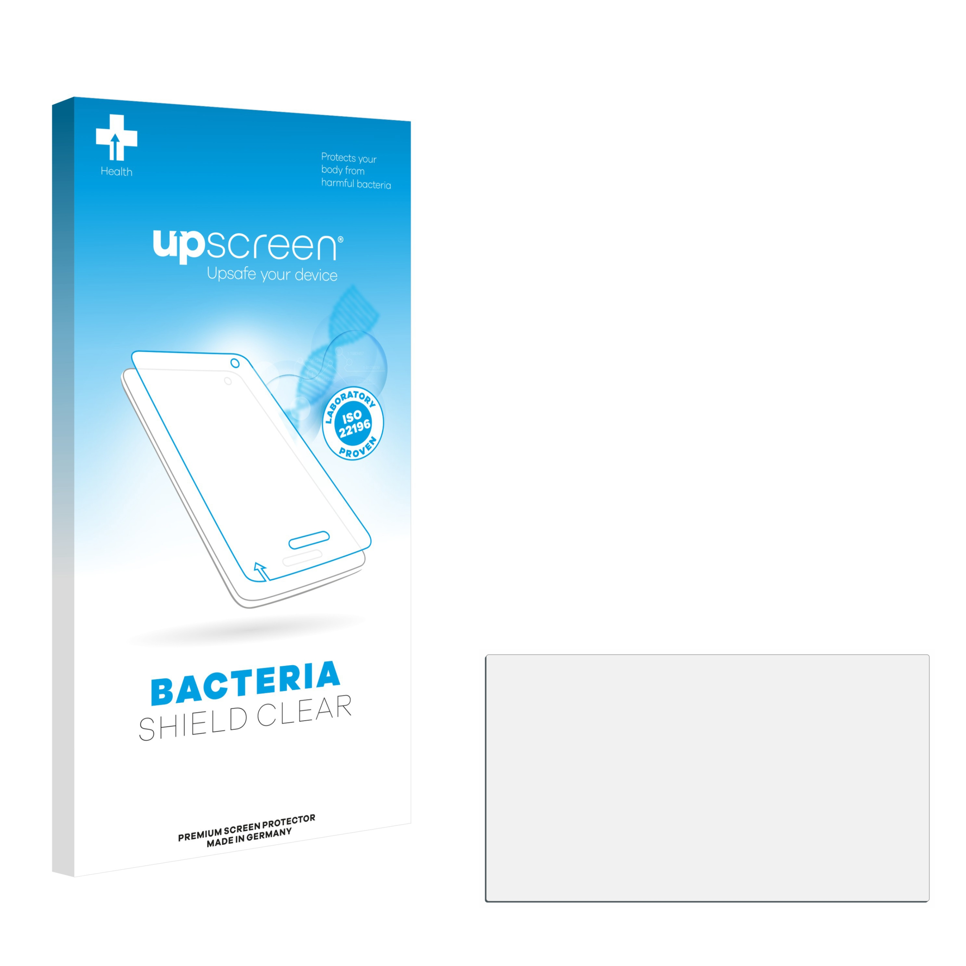 Displayschutzfolie für das Telefon in einer Box. Die Box hat eine Telefonzeichnung und Text über Bakterienschutz.