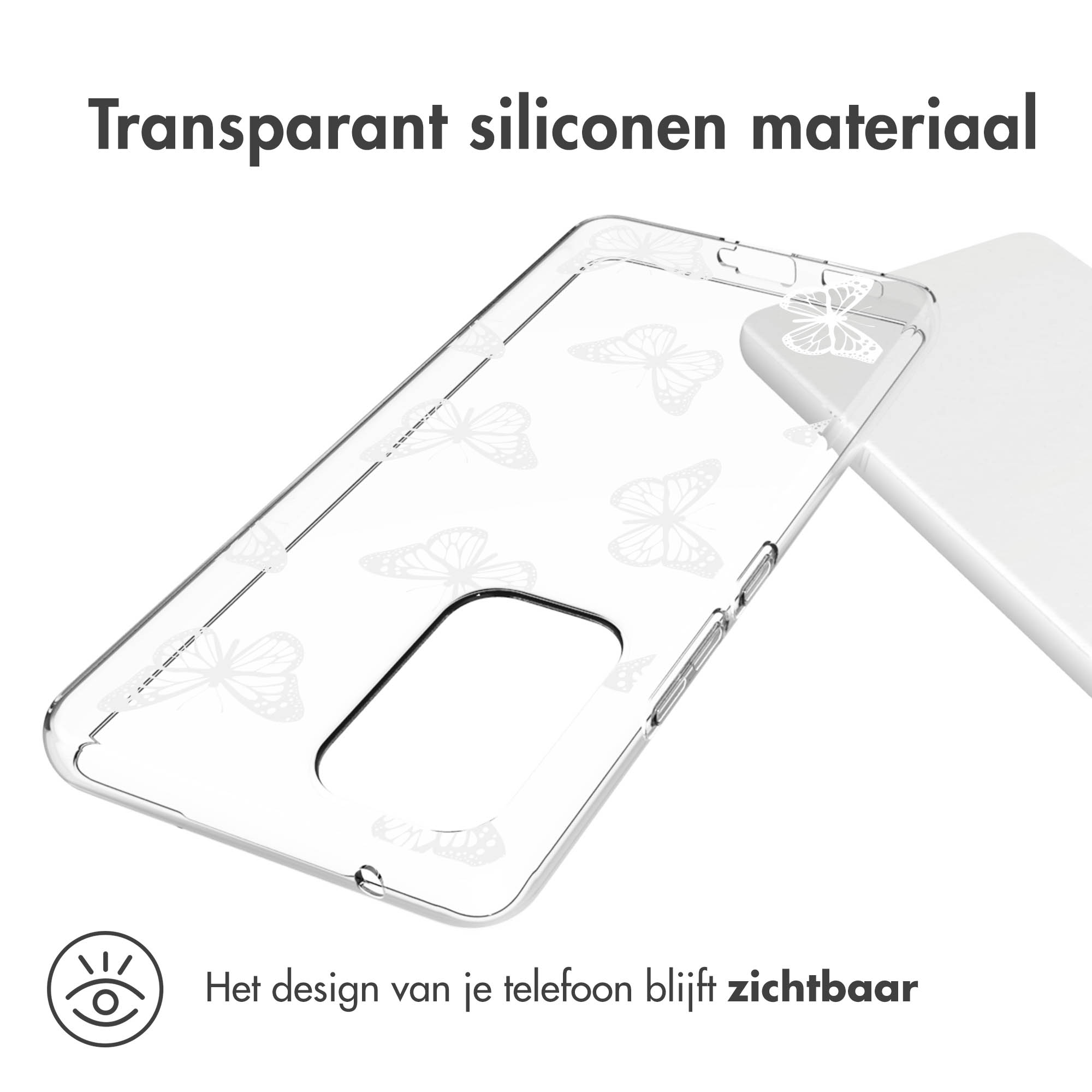 Custodia trasparente con design farfalle bianche, design del telefono visibile.