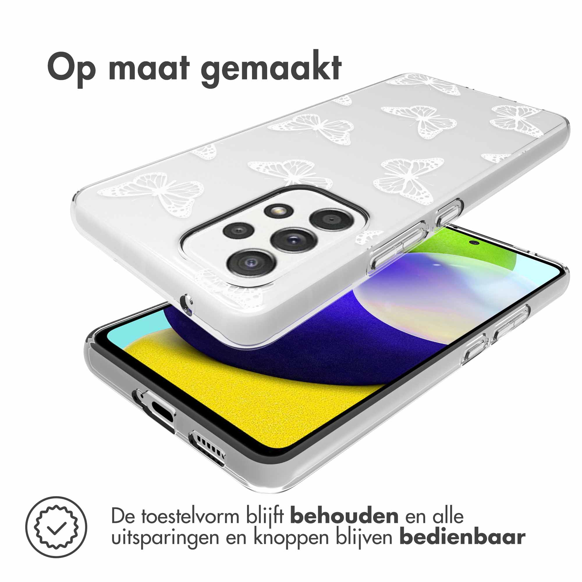 Custodia bianca con design a farfalle. La forma del telefono è mantenuta. Fori accessibili.